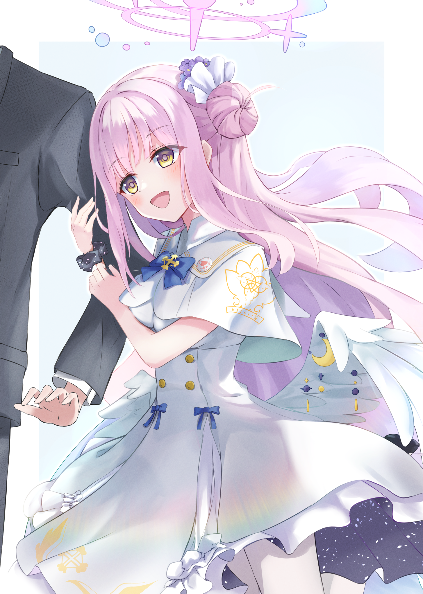 gushiya usagi, mika (blue archive), sensei (blue archive), blue archive, highres, 1boy, 1girl, angel wings, arm hug, black vest, blue bow, blush, bow, buttons, capelet, crescent, dress, feathered wings, flower, gold trim, hair bun, hair flower, hair ornament, halo, hug, long hair, long sleeves, looking at another, low wings, open mouth, pantyhose, pink halo, scrunchie, single hair bun, single side bun, smile, very long hair, vest, white capelet, white dress, white pantyhose, white wings, wings, wrist scrunchie, yellow eyes