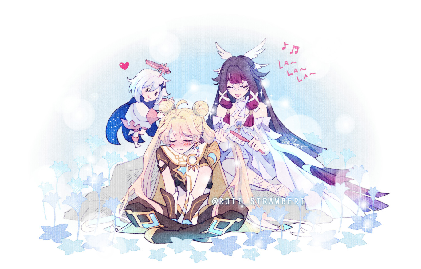 roti strawberi, aether (genshin impact), columbina (genshin impact), paimon (genshin impact), genshin impact, black hair, blonde hair, blush, brushing hair, closed eyes, crossdressing, crossed legs, dress, embarrassed, hair brush, heart, long hair, music, singing, sitting, smile