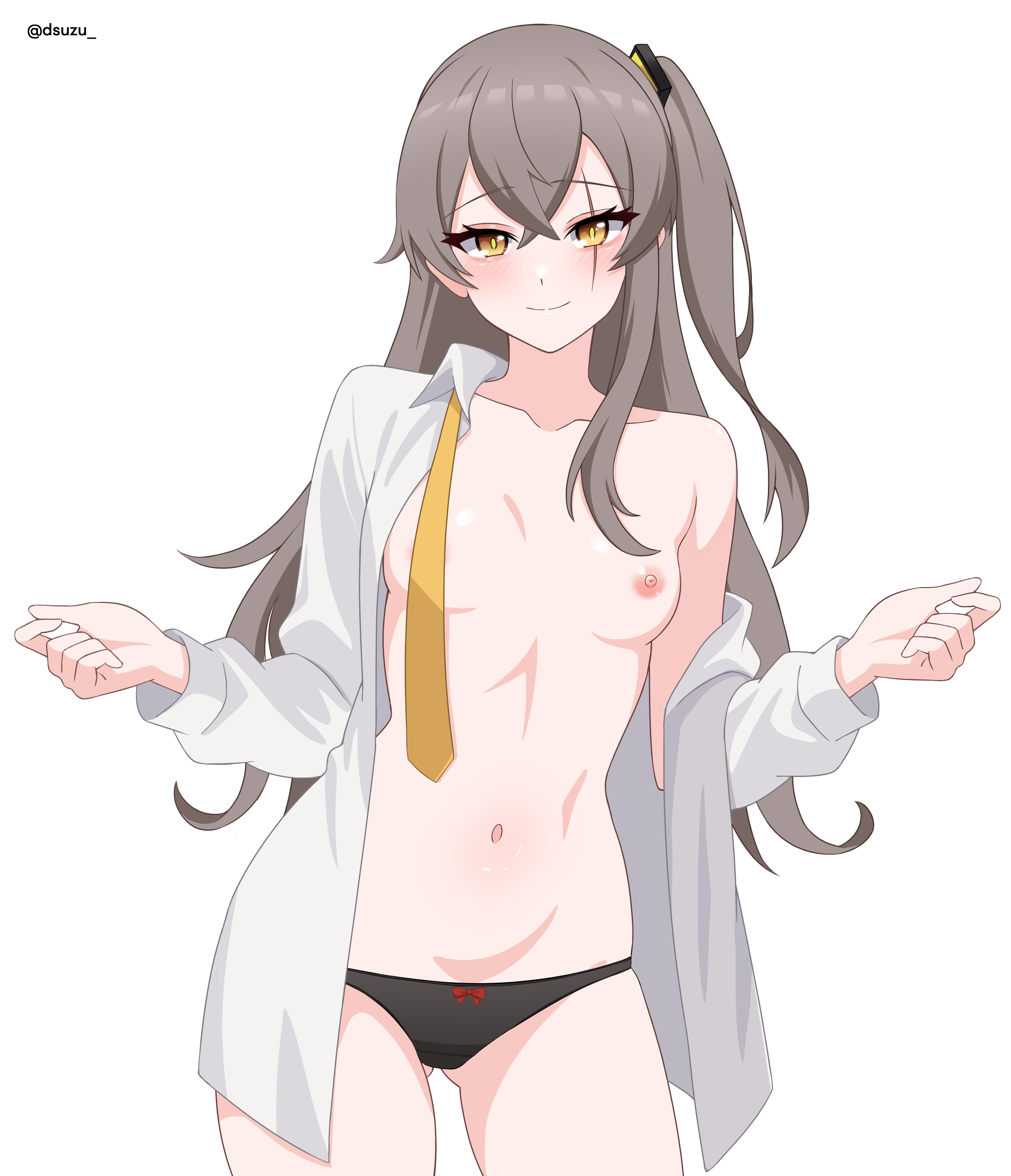 dsuzu, ump45 (girls' frontline), girls' frontline, absurdres, highres, 1girl, artist name, black panties, blush, breasts, brown hair, cowboy shot, gluteal fold, long hair, looking at viewer, navel, necktie, nipples, one side up, open clothes, open shirt, panties, scar, scar across eye, scar on face, small breasts, smile, solo, underwear, yellow eyes, yellow necktie