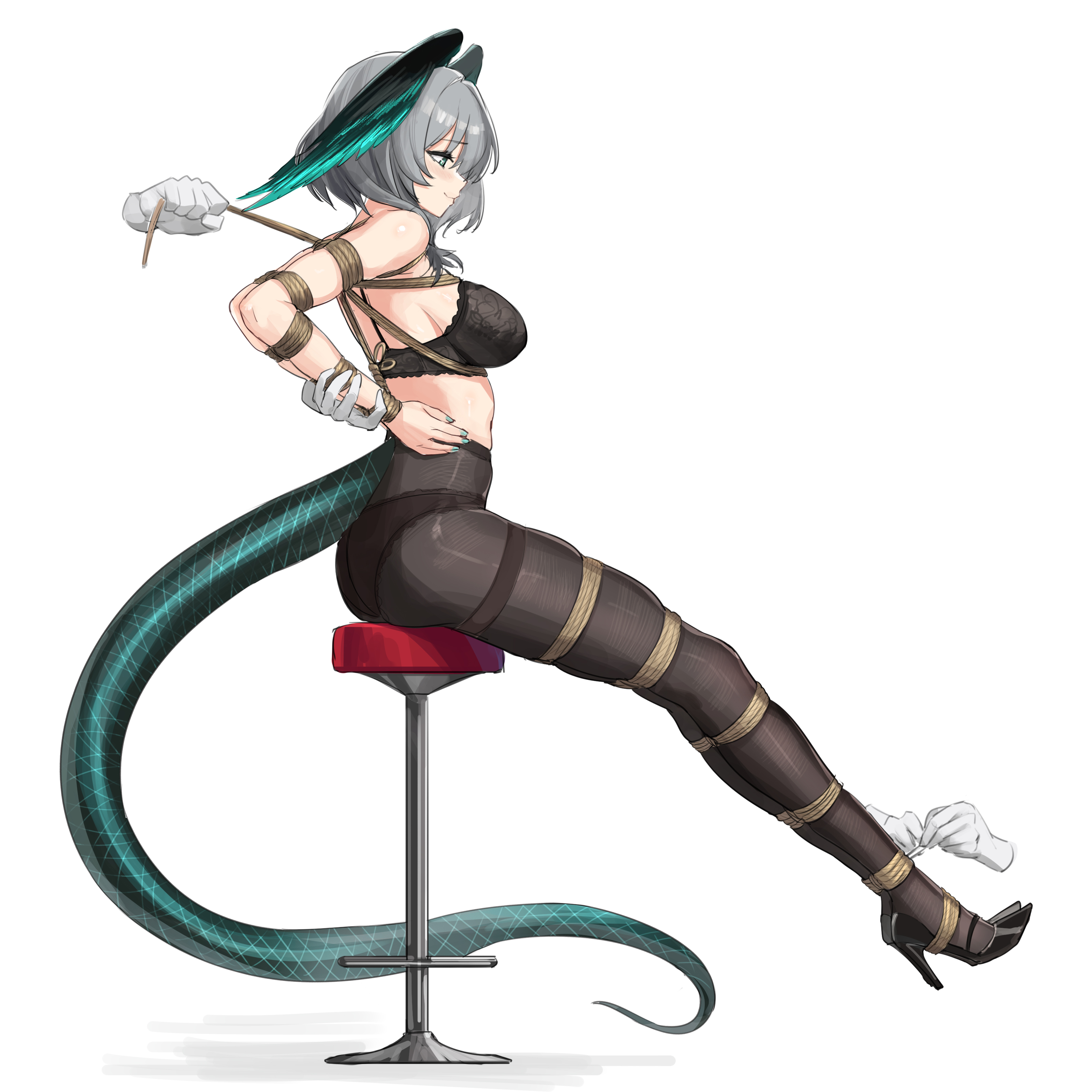 shinebell, ho'olheyak (arknights), arknights, absurdres, commission, highres, second-party source, 1girl, arms behind back, bar stool, bdsm, black pantyhose, bondage, bound, bound arms, bound legs, bra, breasts, disembodied hand, full body, green eyes, grey hair, head wings, high heels, medium breasts, pantyhose, rope, shibari, shibari over clothes, sitting, smile, solo, stool, tail, underwear, white background, wings