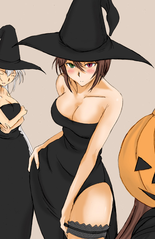 souseiseki, rozen maiden, 00s, 2girls, aged up, bare shoulders, blush, breasts, brown hair, cleavage, frilled thigh strap, halloween, hat, jack-o'-lantern, large breasts, multiple girls, pumpkin, short hair, thigh strap, white hair, witch hat
