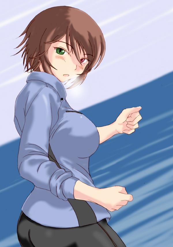 souseiseki, rozen maiden, 00s, 1girl, aged up, blush, breasts, brown hair, casual, female focus, heterochromia, large breasts, short hair, solo