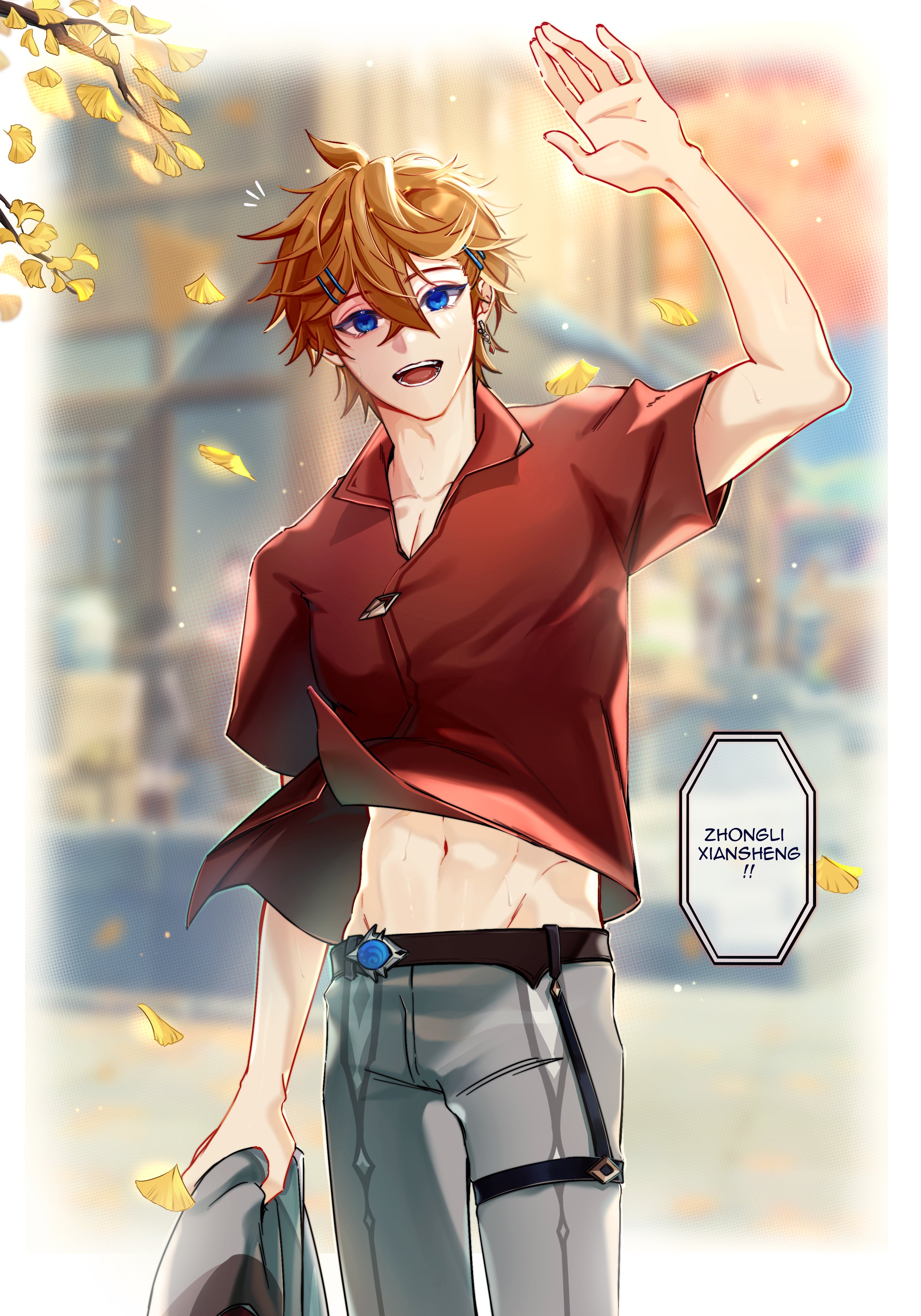 yvalshka, tartaglia (genshin impact), genshin impact, absurdres, commentary, english commentary, highres, 1boy, :d, ahoge, architecture, blue eyes, blurry, blurry background, border, branch, collarbone, collared shirt, cowboy shot, crossed bangs, earrings, east asian architecture, english text, falling leaves, ginkgo leaf, grey pants, groin, hair between eyes, hair ornament, hairclip, hand up, jewelry, leaf, light particles, looking at viewer, male focus, navel, notice lines, open mouth, orange hair, outside border, pants, red shirt, shirt, short hair, short sleeves, single earring, smile, solo, speech bubble, standing, stomach, teeth, thigh strap, vision (genshin impact), waving, white border