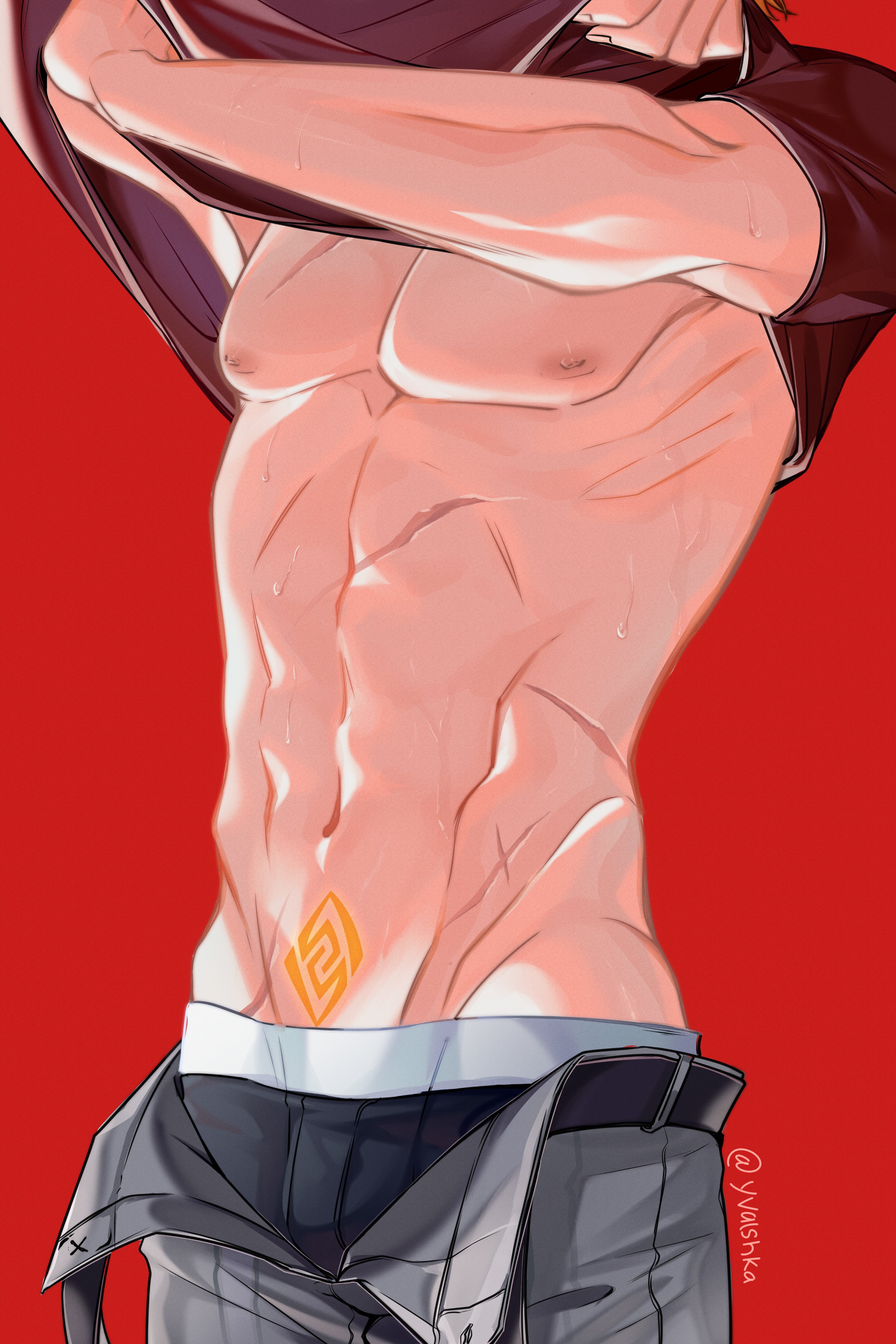 yvalshka, tartaglia (genshin impact), genshin impact, absurdres, commentary, highres, symbol-only commentary, 1boy, arms up, artist name, belt buckle, black male underwear, buckle, clothes lift, geo symbol (genshin impact), grey pants, groin, head out of frame, lifting own clothes, male focus, male underwear, multiple scars, navel, nipples, open fly, pants, pectorals, red background, red shirt, scar, scar on chest, scar on stomach, shirt, shirt lift, short sleeves, simple background, solo, standing, stomach, sweat, toned, toned male, twitter username, underwear
