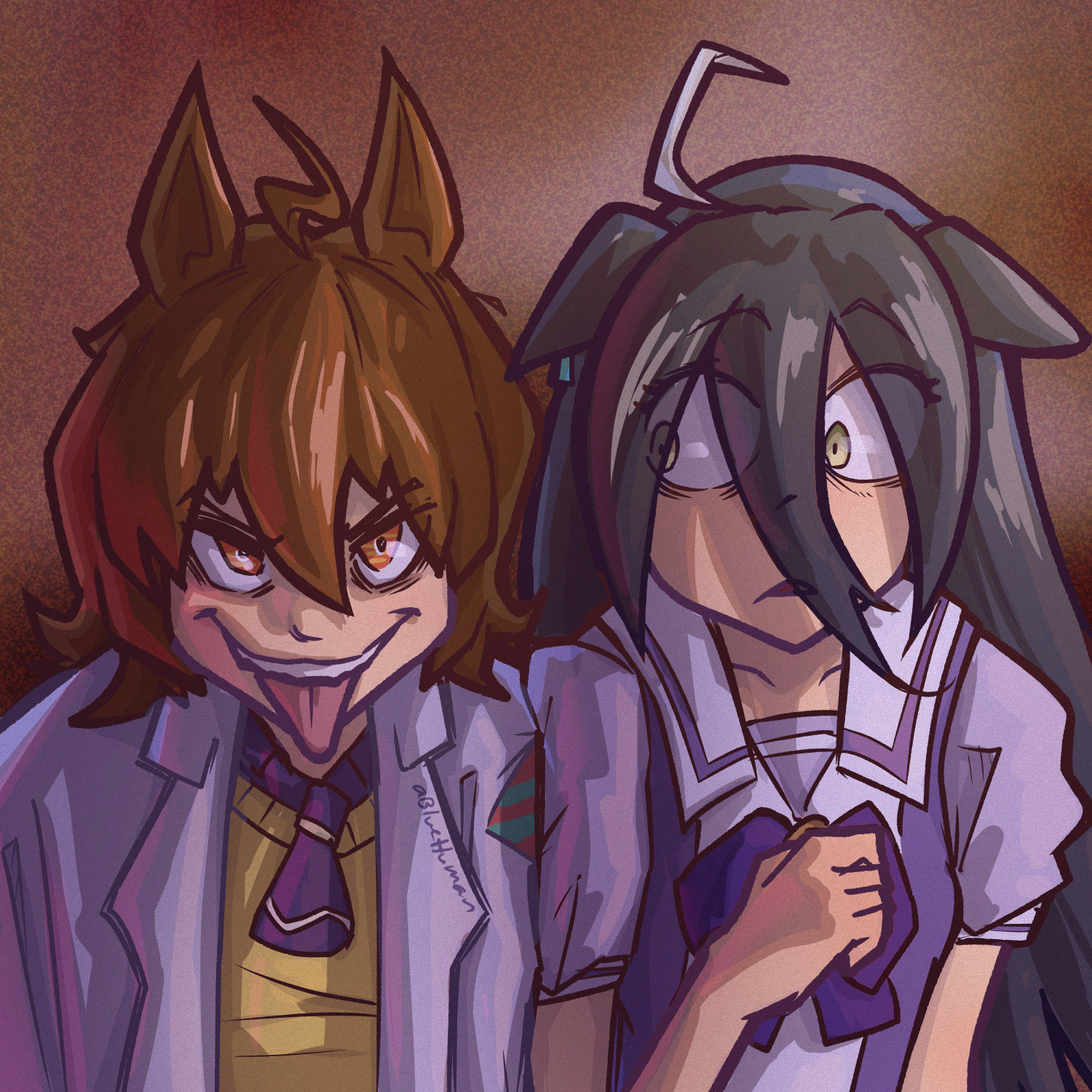 agnes tachyon (umamusume), manhattan cafe (umamusume), umamusume, highres, 2girls, abluehuman, ahoge, animal ears, artist name, black necktie, bow, bowtie, brown hair, coat, ear ornament, ears down, frown, furrowed brow, hair between eyes, horse ears, horse girl, lab coat, long hair between eyes, long sleeves, looking at another, meme, multicolored hair, multiple girls, necktie, open clothes, open coat, open mouth, parted lips, puffy short sleeves, puffy sleeves, purple bow, purple bowtie, purple shirt, red eyes, rejection reaction (meme), sailor collar, school uniform, shirt, short necktie, short sleeves, signature, sweater, tongue, tongue out, tracen school uniform, twitter username, white coat, white hair, white sailor collar, yellow eyes, yellow sweater, zesty sonic (meme)