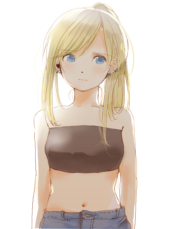 yoshioka mitsuko, winry rockbell, fullmetal alchemist, 00s, 1girl, bandeau, blonde hair, blue eyes, denim, earrings, female focus, jeans, jewelry, midriff, navel, pants, ponytail, solo, strapless, tube top