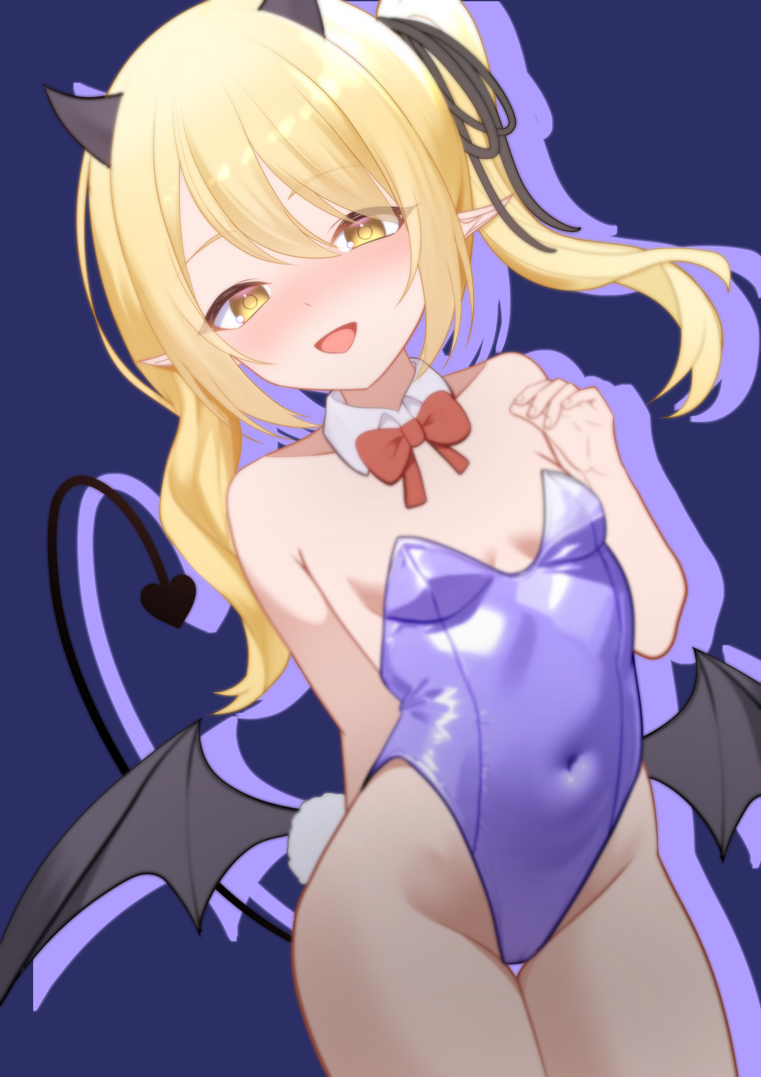 xueli shimazaki, ibuki (blue archive), blue archive, absurdres, commentary, english commentary, highres, 1girl, animal ear hairband, animal ears, black horns, black tail, blonde hair, blue background, bow, bowtie, breasts, demon girl, demon horns, demon tail, demon wings, detached collar, fake animal ears, grey pantyhose, hairband, horns, leotard, long hair, low wings, one side up, pantyhose, playboy bunny, pointing out the details, purple leotard, rabbit tail, red bow, red bowtie, small breasts, solo, strapless, strapless leotard, tail, wings, yellow eyes