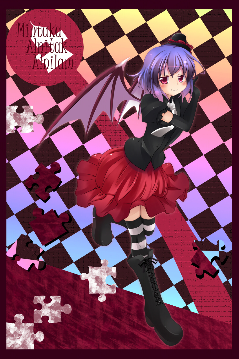 makino (ukiuo), remilia scarlet, touhou, highres, 1girl, bat wings, boots, elbow gloves, fang, female focus, full body, gloves, hat, necktie, purple hair, puzzle, red eyes, short hair, skirt, solo, striped clothes, striped thighhighs, thighhighs, wings