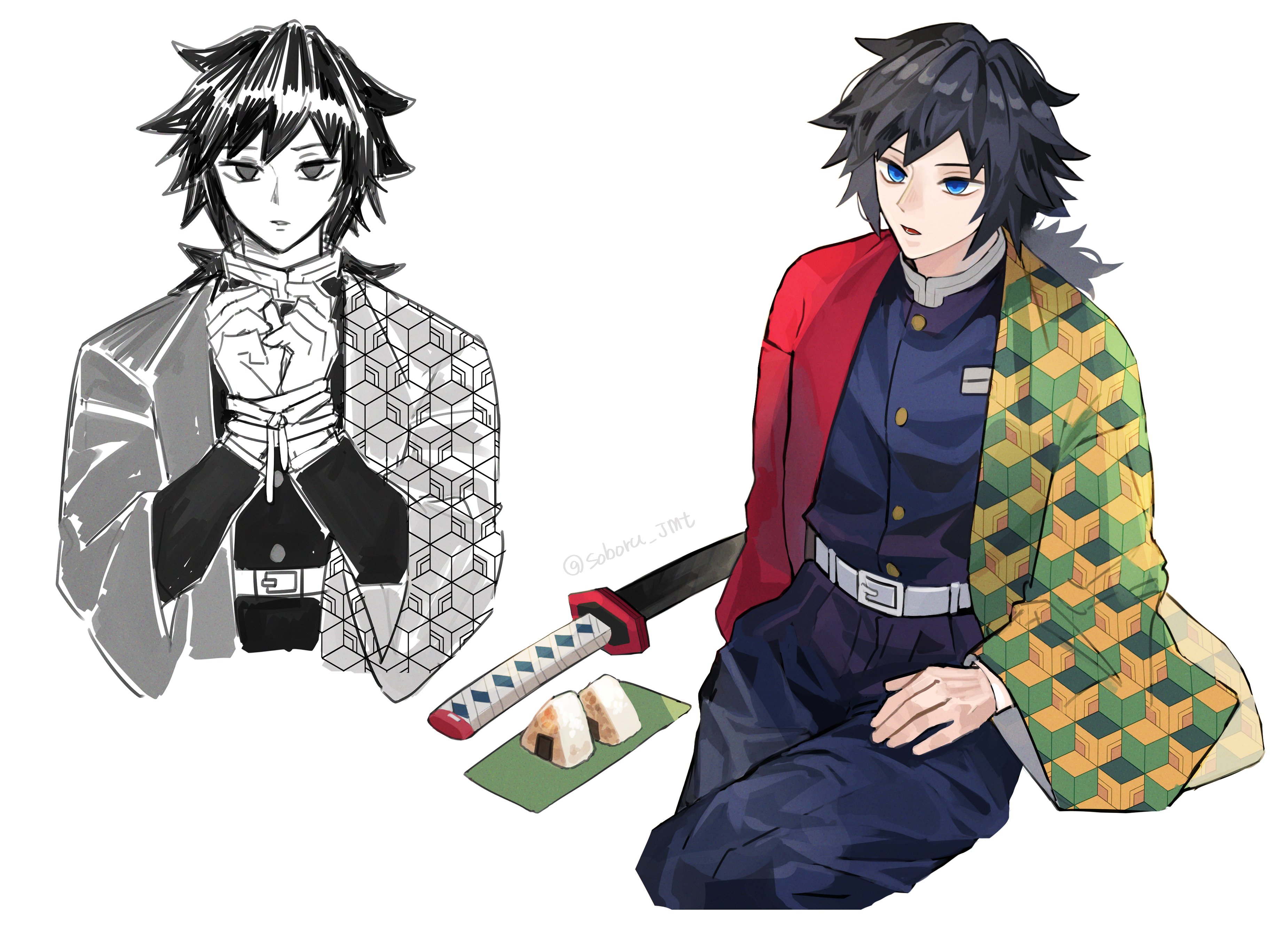 tomioka giyuu, kimetsu no yaiba, absurdres, highres, 1boy, belt, black hair, black jacket, black pants, blue eyes, buttons, demon slayer uniform, food, gold buttons, haori, high collar, jacket, japanese clothes, katana, kikkoumon, looking at viewer, low ponytail, male focus, multiple views, onigiri, pants, parted lips, ponytail, print haori, red haori, simple background, soboru jmt, solo, spiked hair, sword, upper body, weapon, white background, white belt