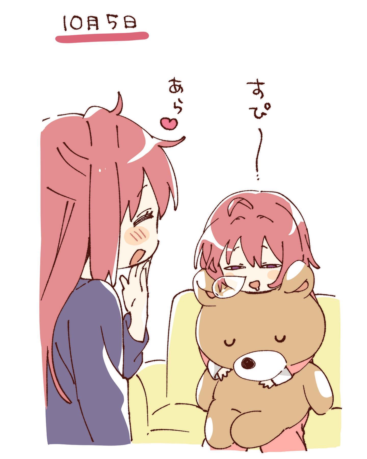 namori, akaza akane, akaza akari, yuruyuri, hashtag-only commentary, highres, translation request, 2girls, ahoge, blue shirt, blush stickers, drooling, half-closed eyes, long hair, long sleeves, multiple girls, nose bubble, open mouth, pajamas, pants, pink pants, pink shirt, purple eyes, red hair, shirt, short hair, siblings, simple background, sisters, sitting, sleeping, stuffed animal, stuffed toy, teddy bear, white background