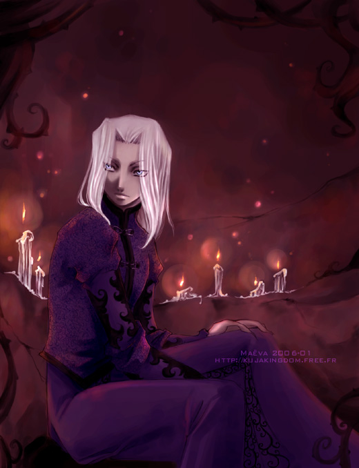 maeva, maevachan, joachim armster, castlevania: lament of innocence, castlevania (series), 00s, 1boy, 2006, blue eyes, candle, dark, dated, eyes visible through hair, male focus, sitting, solo, watermark, web address, white hair
