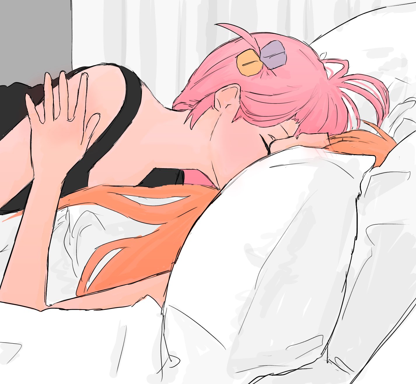 mentos pepsi, gotoh hitori, ijichi nijika, bocchi the rock!, commentary request, highres, 2girls, black tank top, blonde hair, blush, closed eyes, cube hair ornament, hair ornament, kiss, kissing neck, long hair, multiple girls, on bed, pillow, pink hair, shirt, tank top, white shirt, yuri