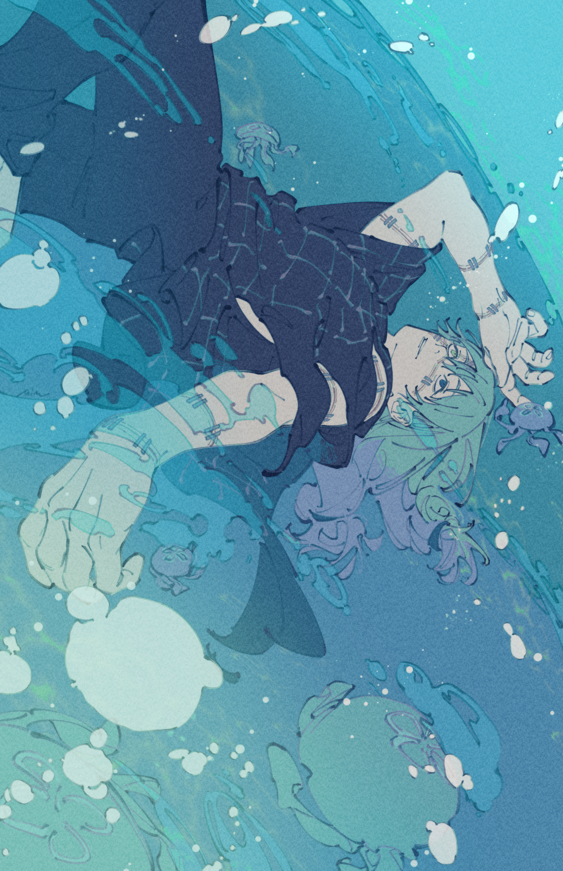 mim (mimya0600), mahito (jujutsu kaisen), jujutsu kaisen, commentary, highres, 1boy, air bubble, animal, arm up, black pants, black shirt, blue eyes, blue hair, blue theme, bubble, cursed spirit (jujutsu kaisen), dutch angle, feet out of frame, film grain, floating hair, grey eyes, hair between eyes, heterochromia, jellyfish, looking up, male focus, outstretched arm, pants, shirt, short sleeves, solo, stitched arm, stitched face, stitched wrist, stitches