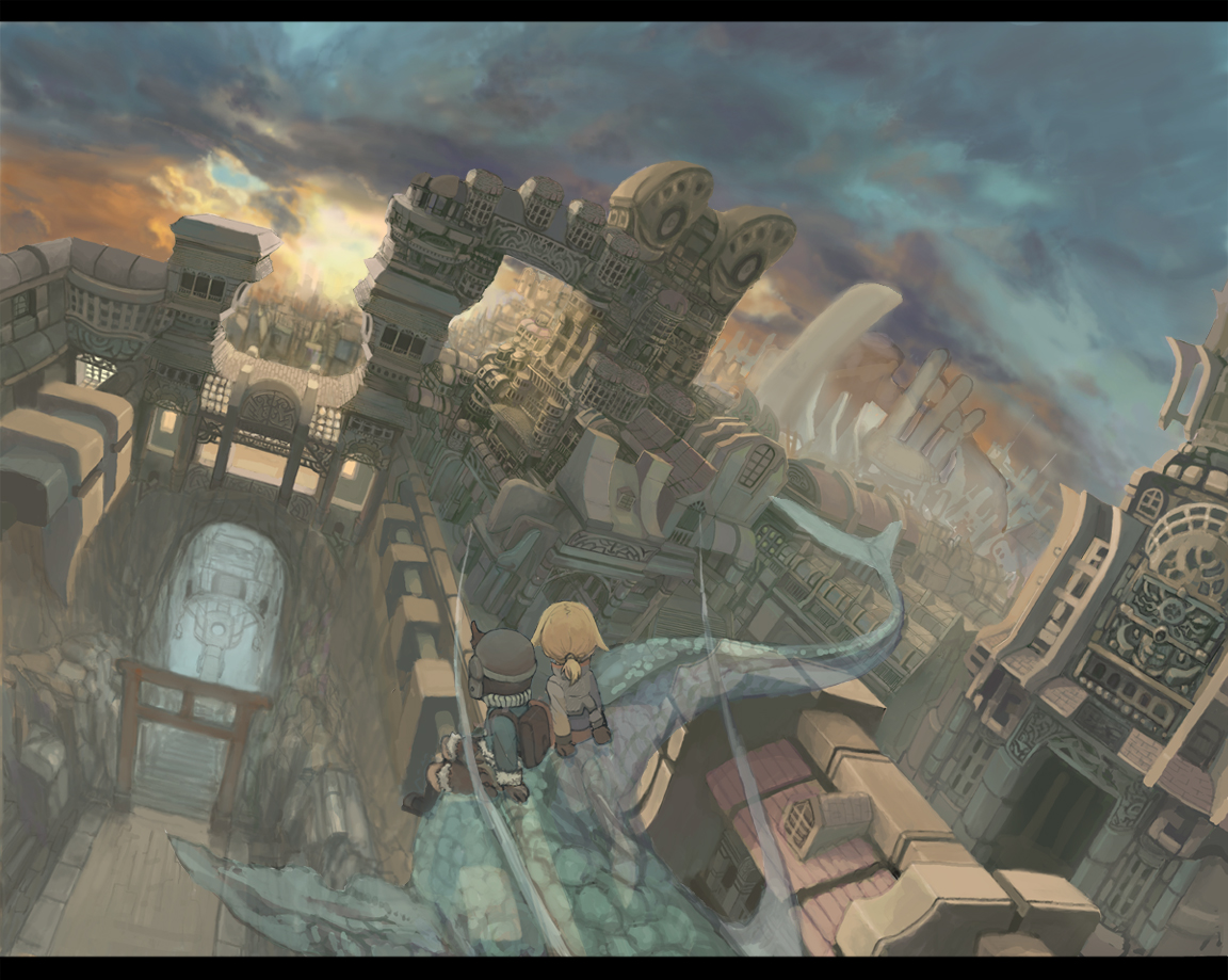 gigi (graffitistelle), original, blonde hair, boots, cityscape, cloud, coat, flying, gloves, hat, letterboxed, ponytail, scenery, shrine, sky, torii