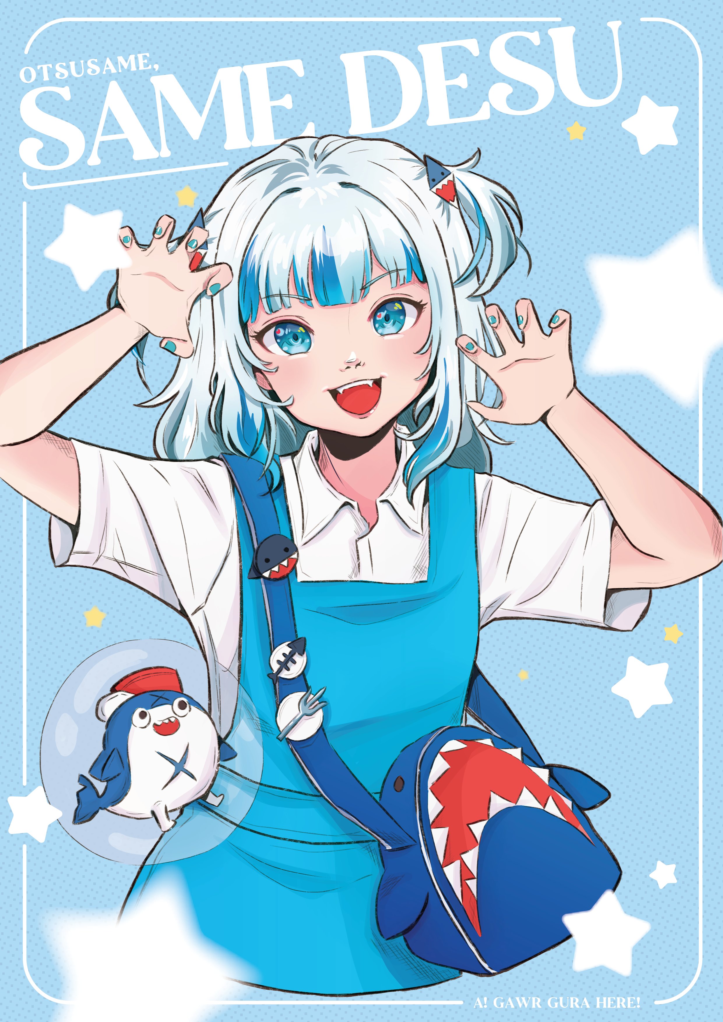 aqil ng, bloop (gawr gura), gawr gura, hololive, hololive english, absurdres, highres, 1girl, bag, blue eyes, blue hair, blunt bangs, dress, hands up, long hair, looking at viewer, malaysian secondary school uniform, multicolored hair, open mouth, pinafore dress, school uniform, shark girl, sharp teeth, sleeveless, sleeveless dress, solo, streaked hair, teeth, white hair