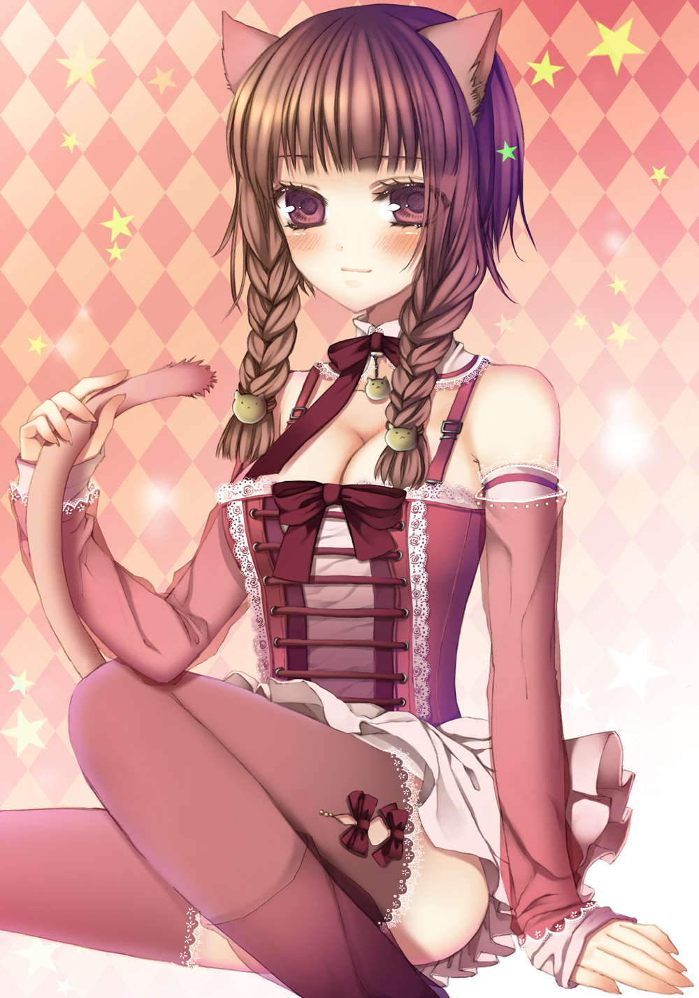 tsukino omame, original, bad id, bad pixiv id, highres, 1girl, animal ears, bare shoulders, blush, braid, breasts, brown eyes, brown hair, bustier, cat ears, cat tail, choker, cleavage, corset, detached sleeves, female focus, hair ornament, hairclip, large breasts, lingerie, long hair, ribbon, skirt, solo, tail, thighhighs, twin braids, underwear, zettai ryouiki
