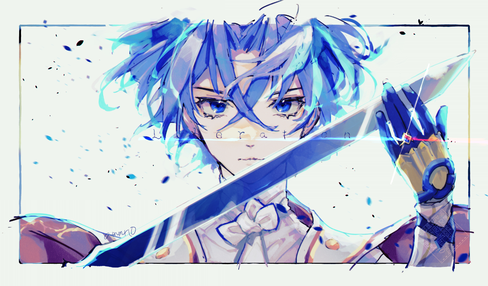 male alear (fire emblem), fire emblem, fire emblem engage, nintendo, 1boy, amamorimori, blue eyes, blue gloves, blue hair, crossed bangs, gloves, liberation (fire emblem), looking at viewer, male focus, prince, solo