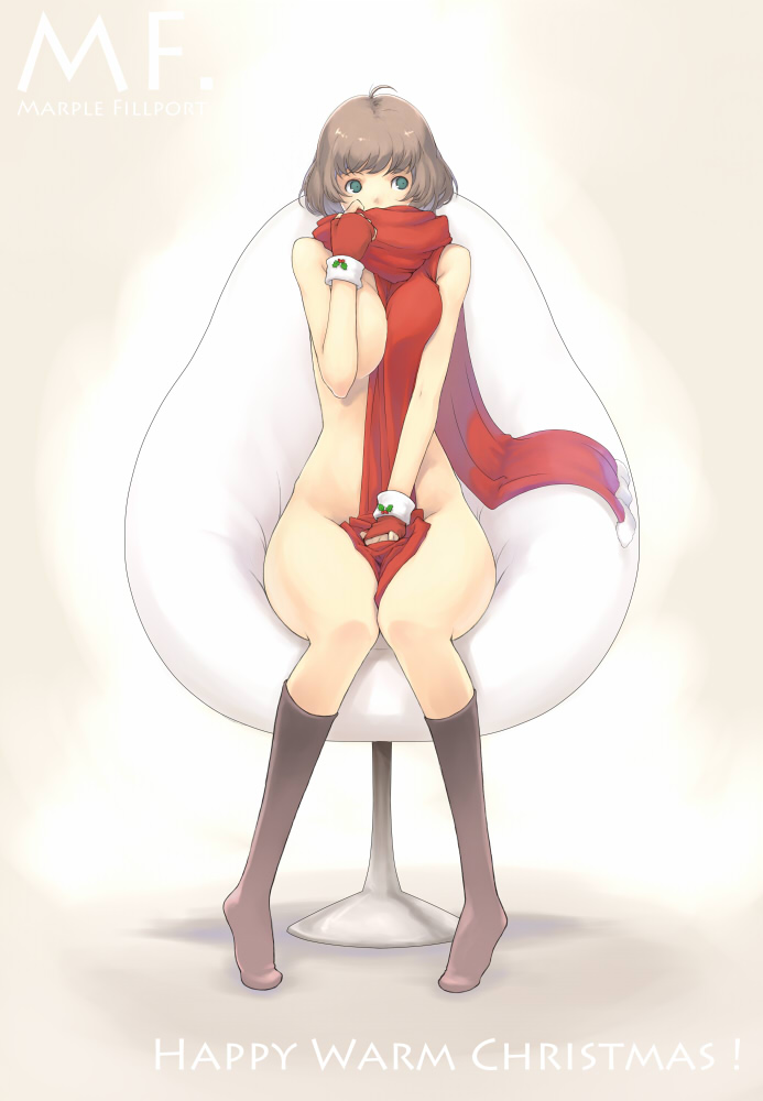 keypot, original, 1girl, breasts, breasts squeezed together, brown hair, chair, christmas, curvy, female focus, fingerless gloves, gloves, green eyes, hip focus, kneehighs, large breasts, naked scarf, no panties, nude, red gloves, red scarf, scarf, short hair, socks, solo, wide hips