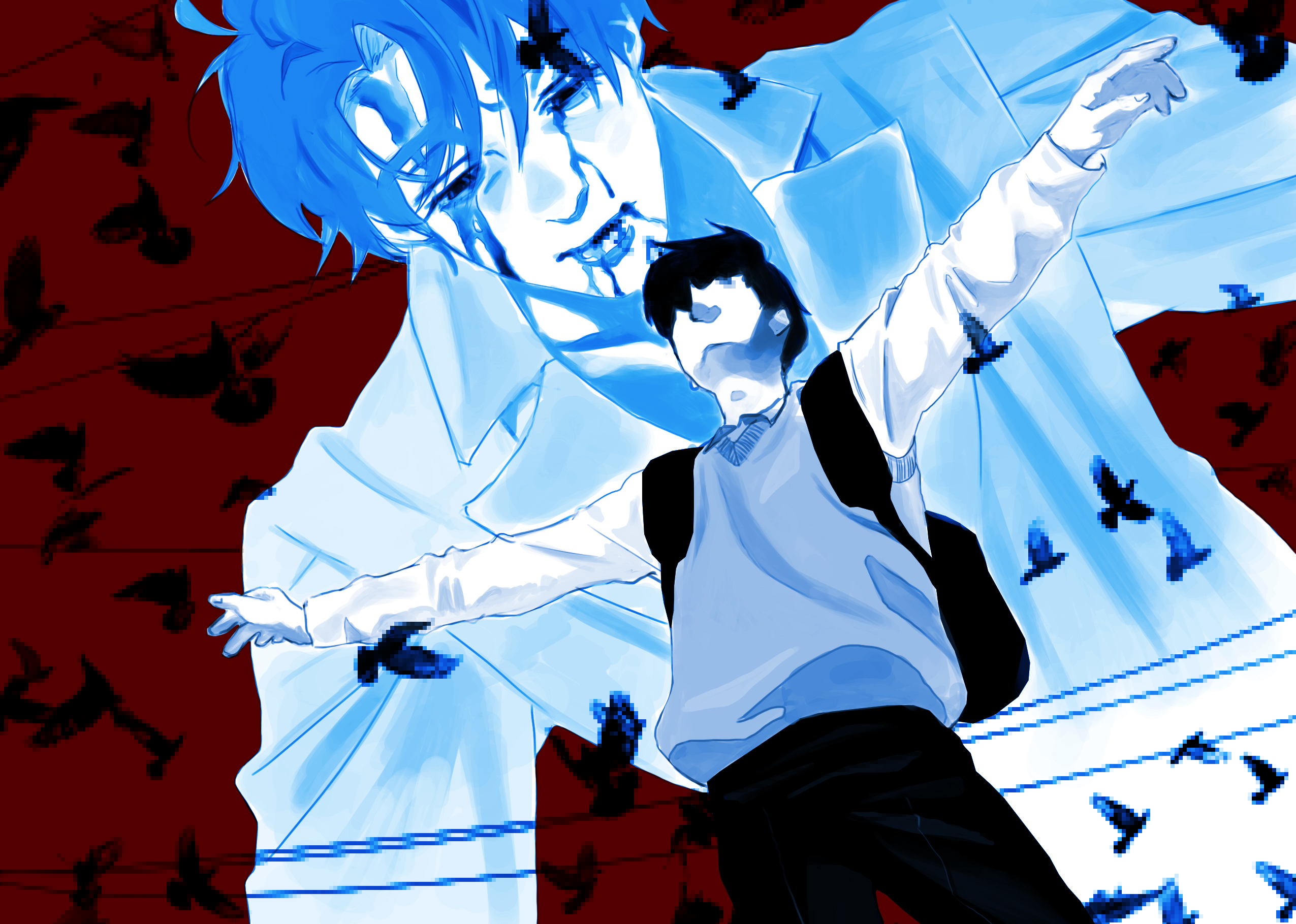 kim dokja, omniscient reader's viewpoint, highres, 2boys, awl inthe world, backpack, bag, black hair, blood, blood from mouth, bloody tears, blue hair, coat, color connection, curtained hair, dual persona, from below, giant, looking at another, male focus, multiple boys, oldest dream, open clothes, open coat, outstretched arms, power lines, red background, shirt, short hair, simple bird, vest, white coat, white shirt