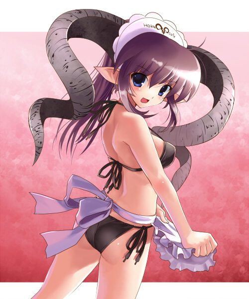 katahira masashi, original, 1girl, apron, ass, back, bikini, black bikini, blue eyes, blush, cowboy shot, female focus, horns, long hair, looking back, maid headdress, open mouth, pointy ears, purple hair, side-tie bikini bottom, solo, swimsuit