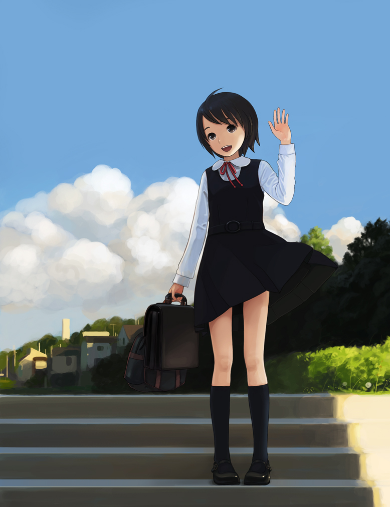 kokudou juunigou, original, bad id, bad pixiv id, 1girl, :d, bag, belt, belt buckle, black eyes, black hair, black socks, buckle, building, cloud, day, dress, female focus, holding, legs, long sleeves, mary janes, neck ribbon, open mouth, outdoors, red ribbon, ribbon, satchel, school bag, school uniform, shoes, short hair, sky, smile, socks, solo, stairs, tree, utility pole, waving, wind