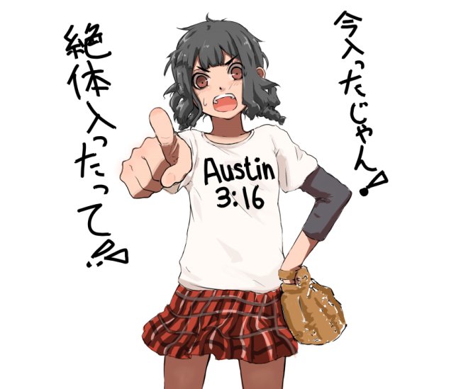 lefty10, bad id, bad pixiv id, translation request, 1girl, androgynous, angry, baseball glove, black hair, blush, brown eyes, female focus, hand on own hip, layered sleeves, long sleeves, messy hair, miniskirt, open mouth, pantyhose, pointing, raglan sleeves, shirt, short over long sleeves, short sleeves, skirt, solo, t-shirt, tomboy