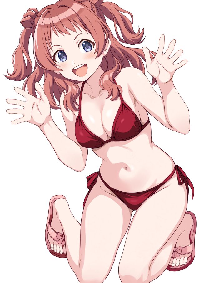 ponzu rui, hanami saki, gakuen idolmaster, idolmaster, 1girl, bikini, breasts, brown hair, cleavage, kneeling, long hair, looking at viewer, medium breasts, purple eyes, red bikini, sandals, side-tie bikini bottom, simple background, smile, solo, swimsuit, two side up, waving, white background