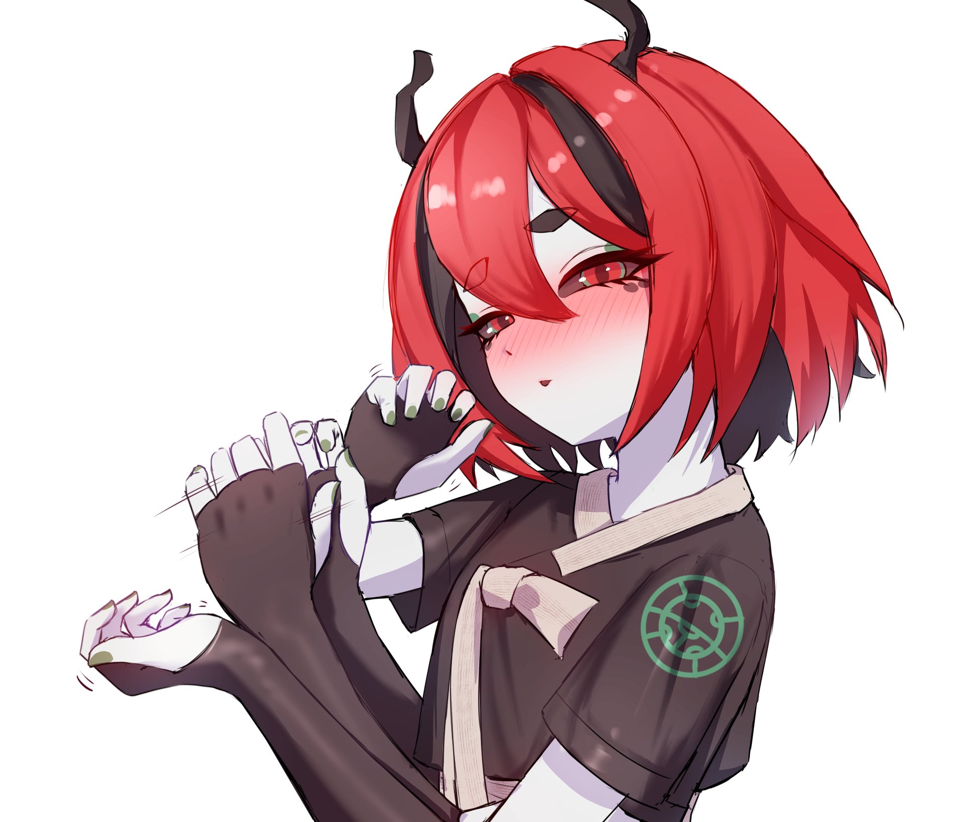 cgator, ladybug girl, indie virtual youtuber, commentary, english commentary, highres, 1girl, antennae, arthropod girl, beri (beribug), black hair, black sclera, black shirt, blush, colored sclera, colored skin, elbow gloves, extra arms, fingerless gloves, gloves, green nails, hair between eyes, handjob gesture, korean clothes, looking at viewer, medium hair, monster girl, multicolored hair, nail polish, parted lips, red eyes, red hair, shirt, short sleeves, simple background, solo, streaked hair, thick eyebrows, upper body, virtual youtuber, white background, white skin