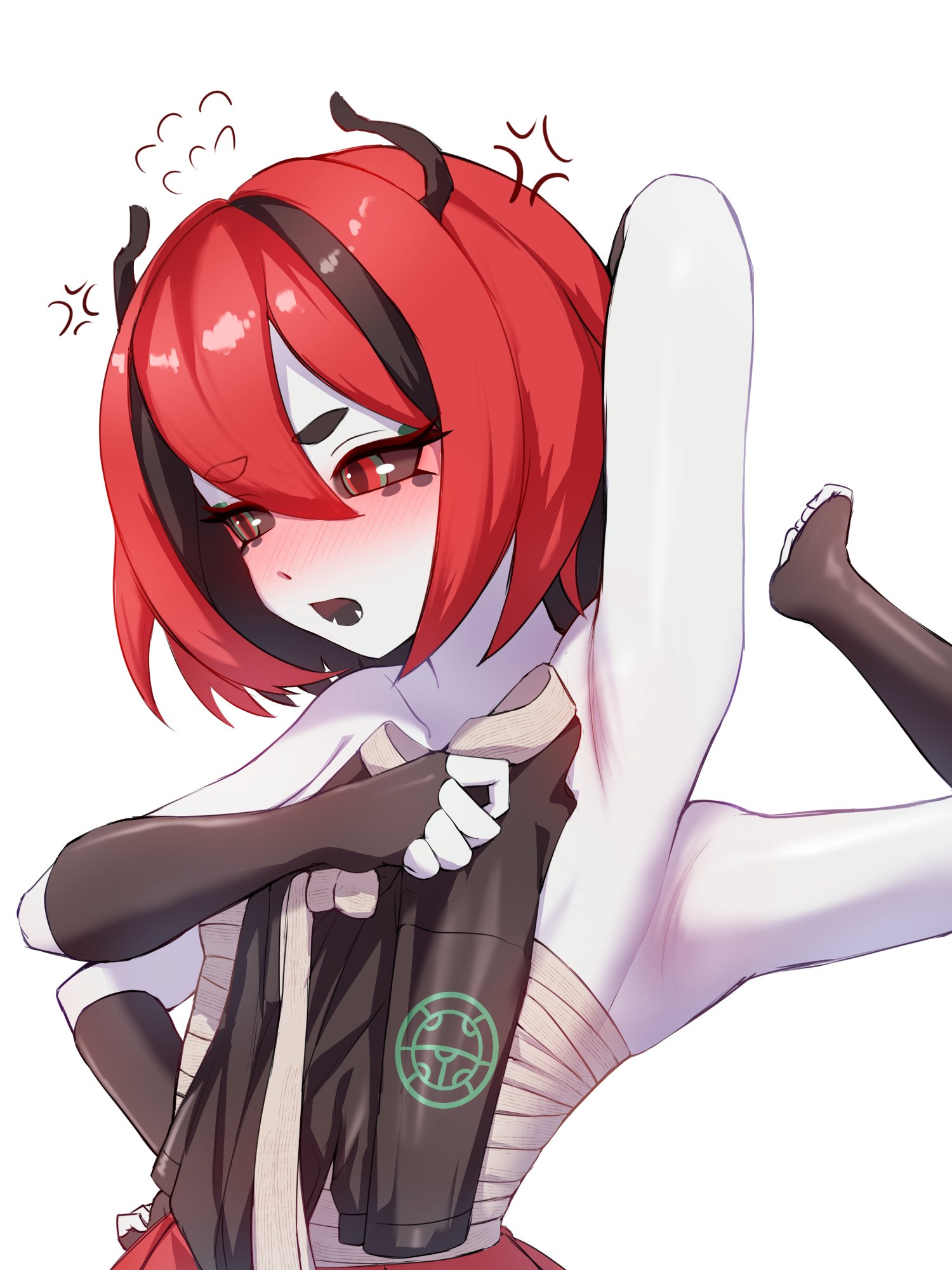 cgator, ladybug girl, indie virtual youtuber, highres, 1girl, anger vein, antennae, armpits, arthropod girl, beri (beribug), black gloves, black hair, black sclera, black shirt, blush, colored sclera, colored skin, elbow gloves, embarrassed, extra arms, fangs, fingerless gloves, flying sweatdrops, gloves, hand on own hip, holding, holding shirt, holding unworn clothes, korean clothes, monster girl, multicolored hair, nose blush, open mouth, presenting armpit, red eyes, red hair, sarashi, shirt, simple background, solo, streaked hair, thick eyebrows, unworn shirt, upper body, virtual youtuber, white background, white skin