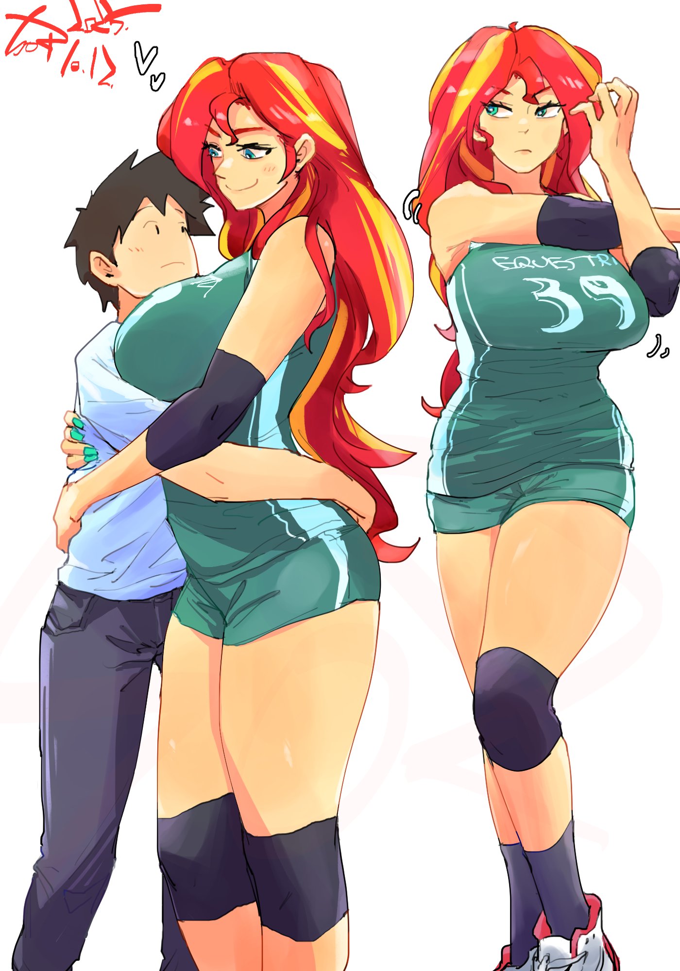 sozglitch, sunset shimmer, sunset shimmer (human), my little pony, my little pony: equestria girls, my little pony: friendship is magic, highres, 1boy, 1girl, breasts, brown hair, colored skin, green eyes, gun, gym shorts, hug, knee pads, large breasts, long hair, looking at viewer, red hair, shorts, simple background, smile, sportswear, standing, stretching, volleyball uniform, weapon, white background, yellow skin