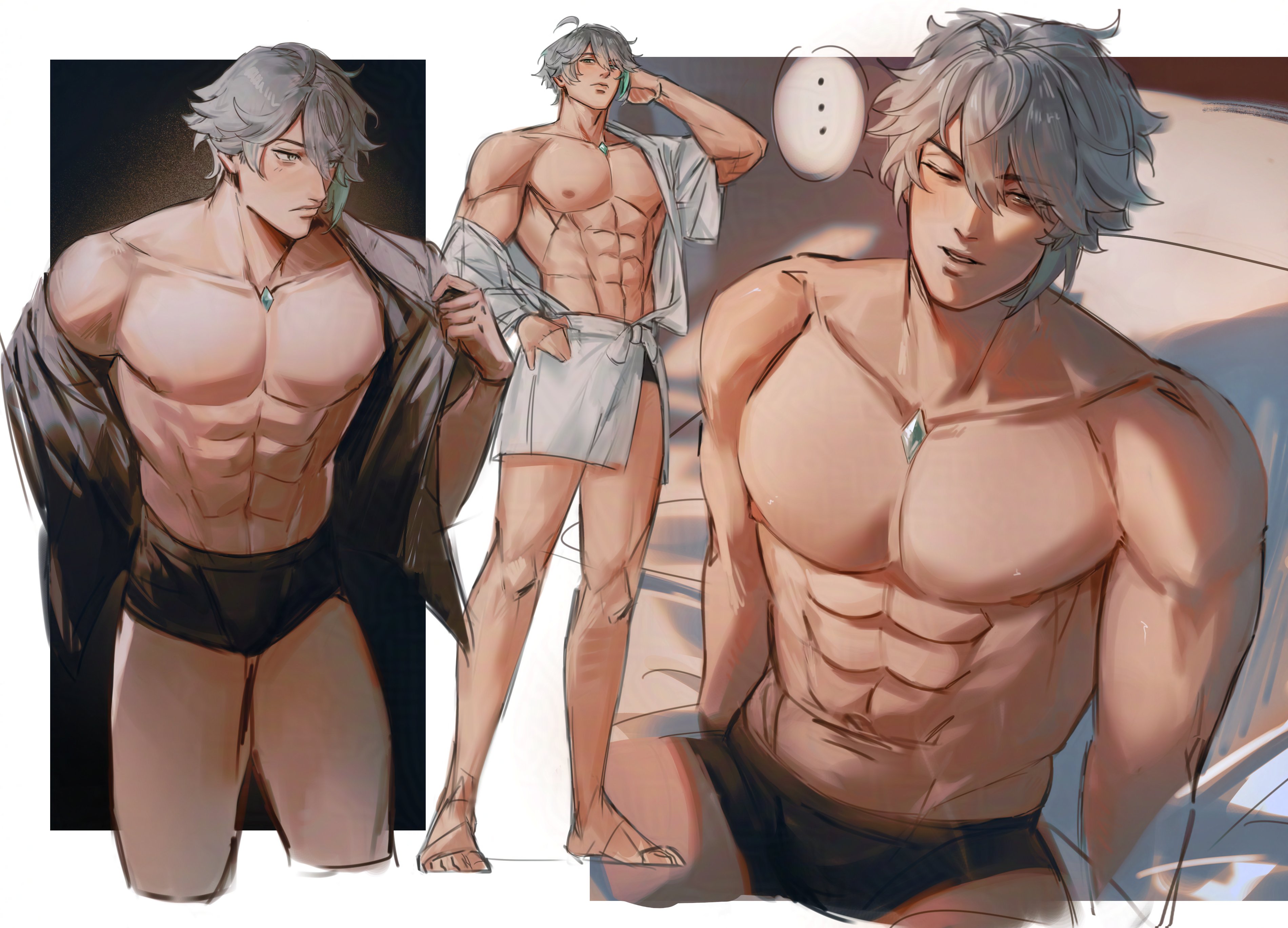 nokkusuart, alhaitham (genshin impact), genshin impact, absurdres, highres, …, 1boy, abs, black male underwear, boxers, closed mouth, collarbone, cropped legs, full body, gem, green gemstone, grey hair, male focus, male underwear, multiple views, muscular, muscular male, navel, nipples, pectorals, short hair, sitting, spoken ellipsis, underwear