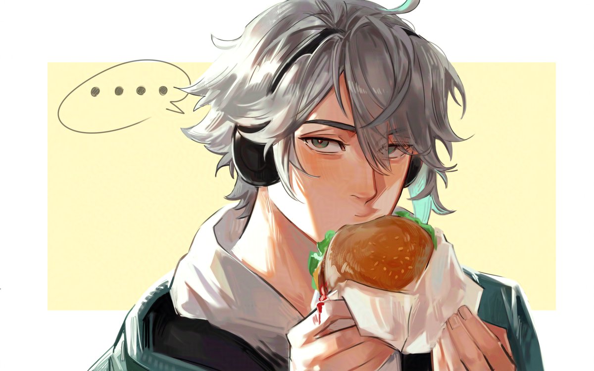 nokkusuart, alhaitham (genshin impact), genshin impact, …, 1boy, burger, eating, eyes visible through hair, food, grey hair, hair between eyes, headphones, holding, holding burger, holding food, hood, hoodie, looking at viewer, male focus, short hair, solo, spoken ellipsis, upper body