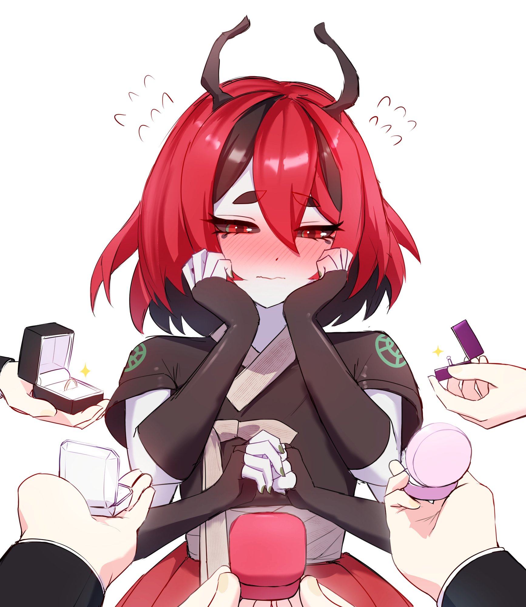 cgator, ladybug girl, indie virtual youtuber, commentary, english commentary, highres, 1girl, antennae, arthropod girl, beri (beribug), black hair, black sclera, black shirt, blush, colored sclera, colored skin, embarrassed, extra arms, flying sweatdrops, green nails, hair between eyes, hands on own cheeks, hands on own face, jewelry, korean clothes, monster girl, multicolored hair, nail polish, narrowed eyes, own hands together, pov, pov hands, red eyes, red hair, red skirt, ring, ring box, shirt, short sleeves, simple background, skirt, solo focus, straight-on, streaked hair, thick eyebrows, two-tone hair, virtual youtuber, wedding ring, white background, white skin