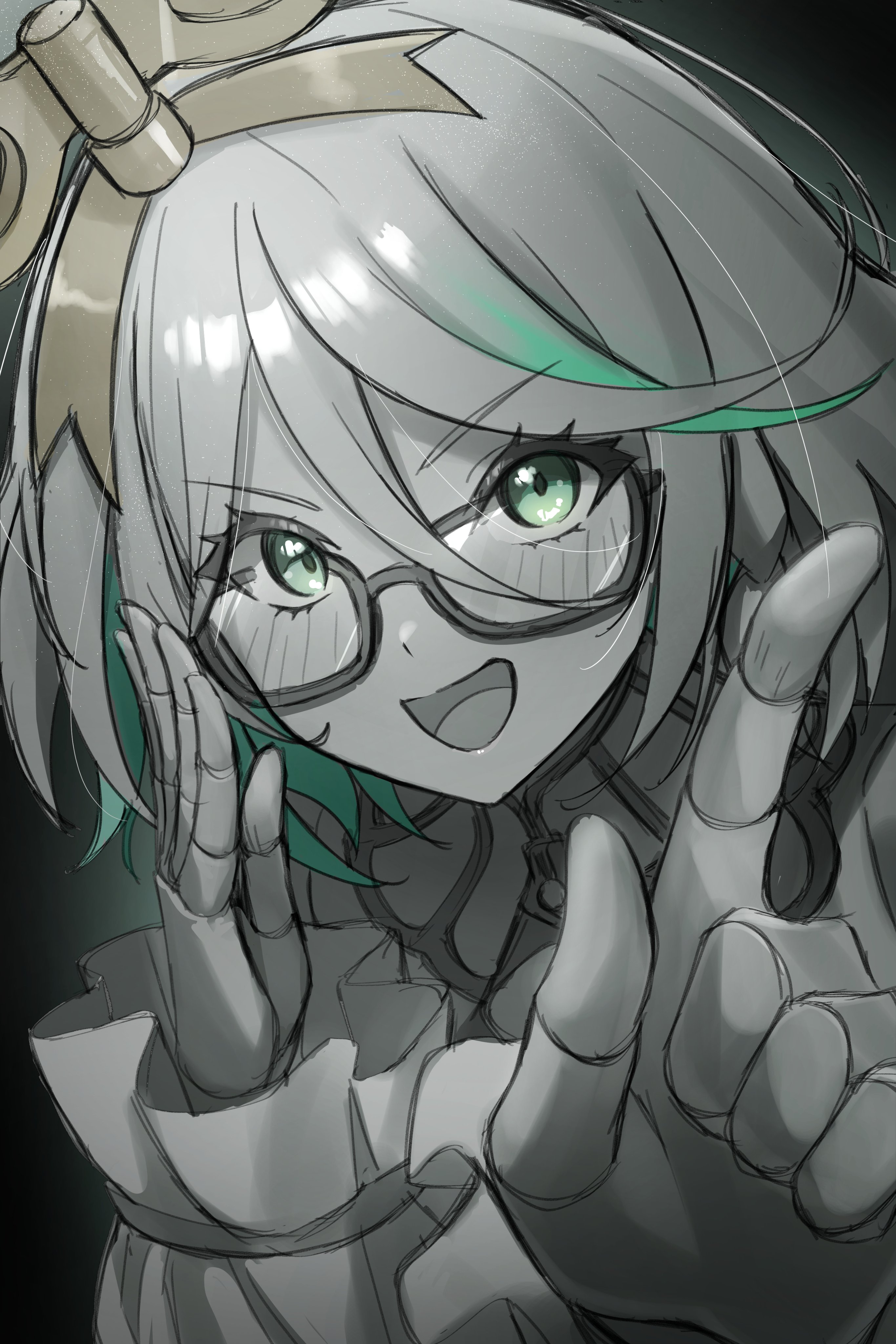kay yu, cecilia immergreen, cecilia immergreen (1st costume), hololive, hololive english, absurdres, highres, 1girl, adjusting eyewear, bespectacled, doll joints, glasses, green eyes, greyscale, index finger raised, joints, monochrome, spot color, virtual youtuber, winding key