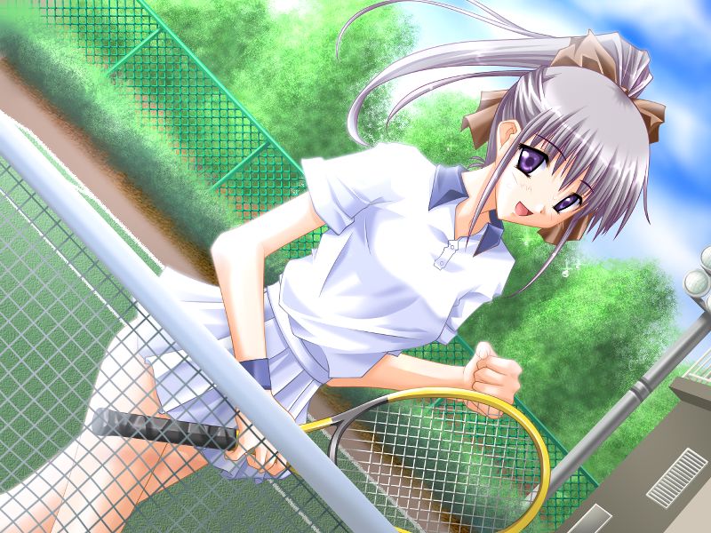 akusawa nanami, mizuno makoto, chocolate days, silver hair, game cg, jpeg artifacts, non-web source, 1girl, bow, brown bow, chain-link fence, cloud, cowboy shot, dutch angle, female focus, fence, hair bow, high ponytail, long hair, looking at viewer, medium hair, microskirt, outdoors, pleated skirt, ponytail, purple eyes, racket, shirt, sidelocks, skirt, sky, smile, solo, sportswear, standing, tennis court, tennis net, tennis racket, tennis uniform, tree, white shirt, white skirt, wristband