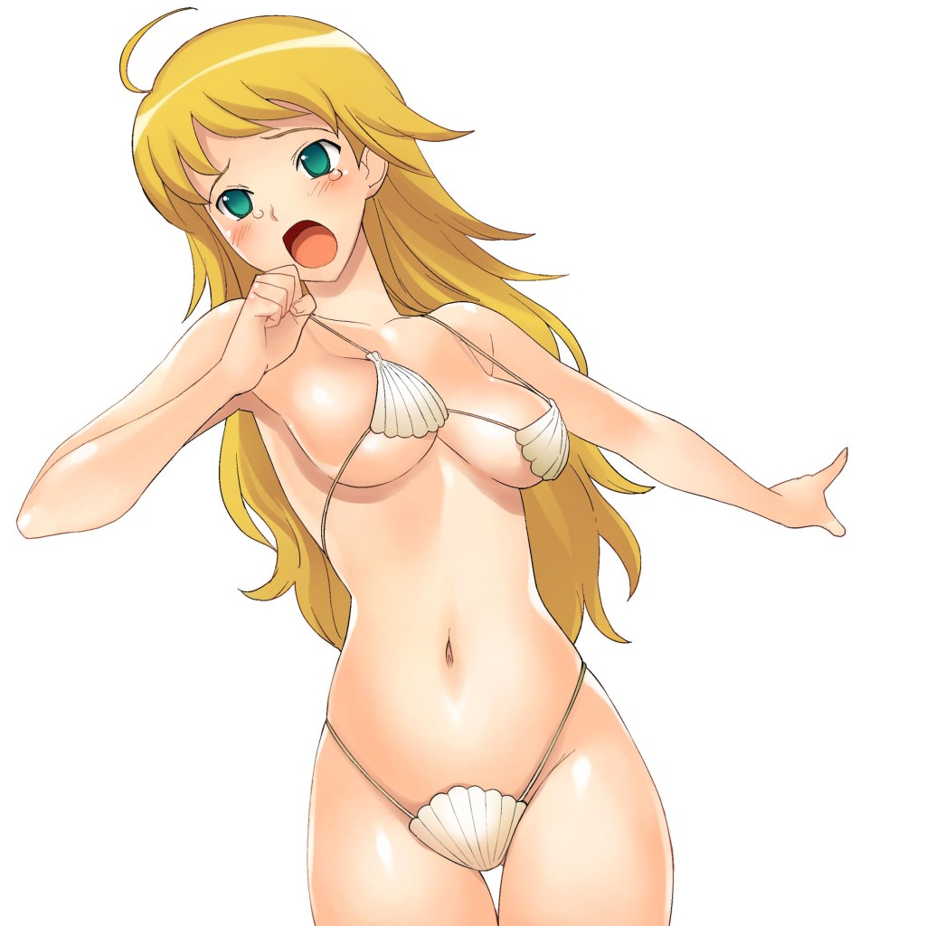 a1 (initial-g), hoshii miki, idolmaster, idolmaster (classic), idolmaster 1, 00s, 1girl, ahoge, bikini, blonde hair, blush, breasts, female focus, green eyes, long hair, navel, open mouth, shell, shell bikini, solo, swimsuit, tears, white bikini