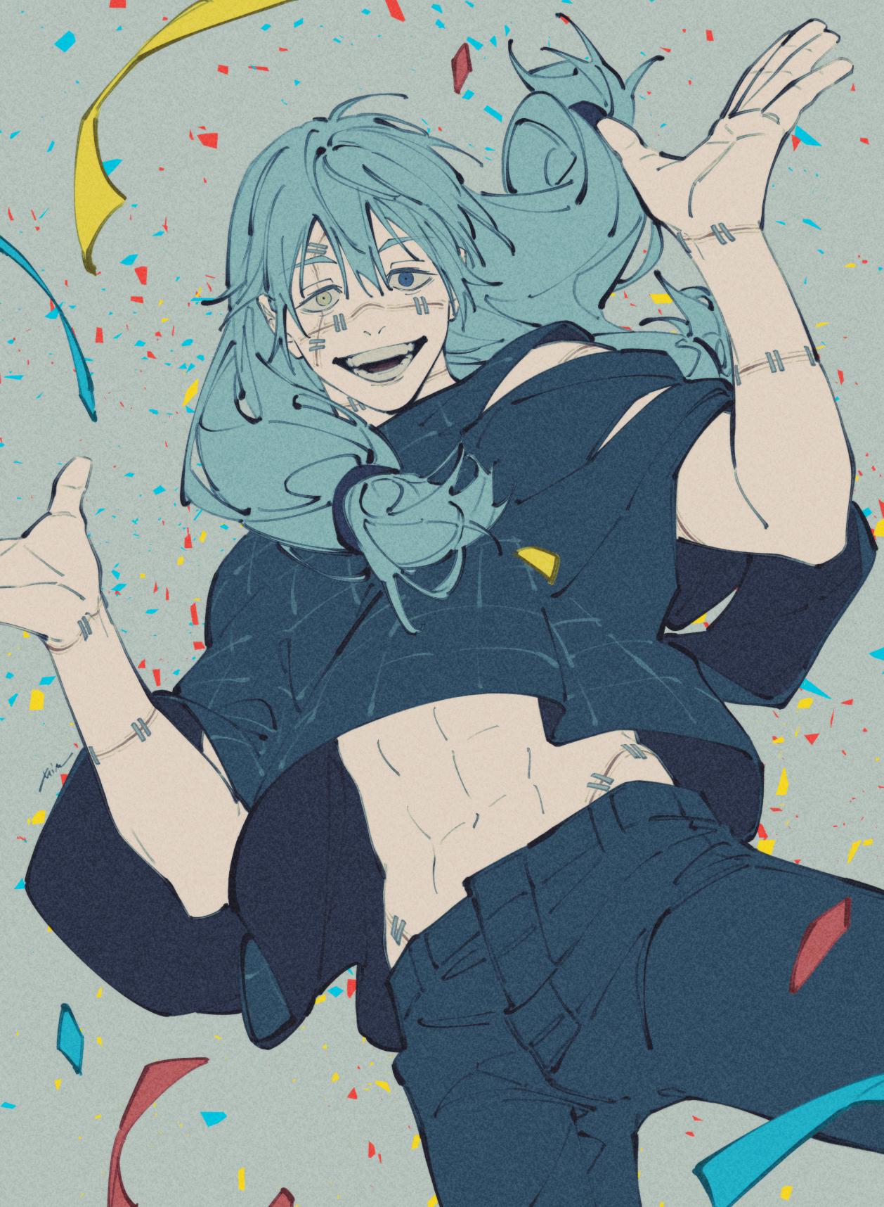 mim (mimya0600), mahito (jujutsu kaisen), jujutsu kaisen, commentary, highres, 1boy, abs, blue hair, confetti, heterochromia, long hair, solo, stitched face, stitched neck, stitched wrist, stitches