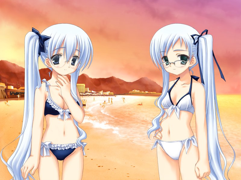 sin-go, miyamae futuha, miyamae hitoha, hajimete no otetsudai, game cg, non-web source, 2girls, beach, bikini, blue eyes, blue hair, cloud, frilled bikini, frills, front-tie top, glasses, green eyes, hand on own hip, long hair, multiple girls, navel, siblings, side-tie bikini bottom, side ponytail, sisters, sunset, swimsuit, tachi-e, thighs, twins, very long hair, water