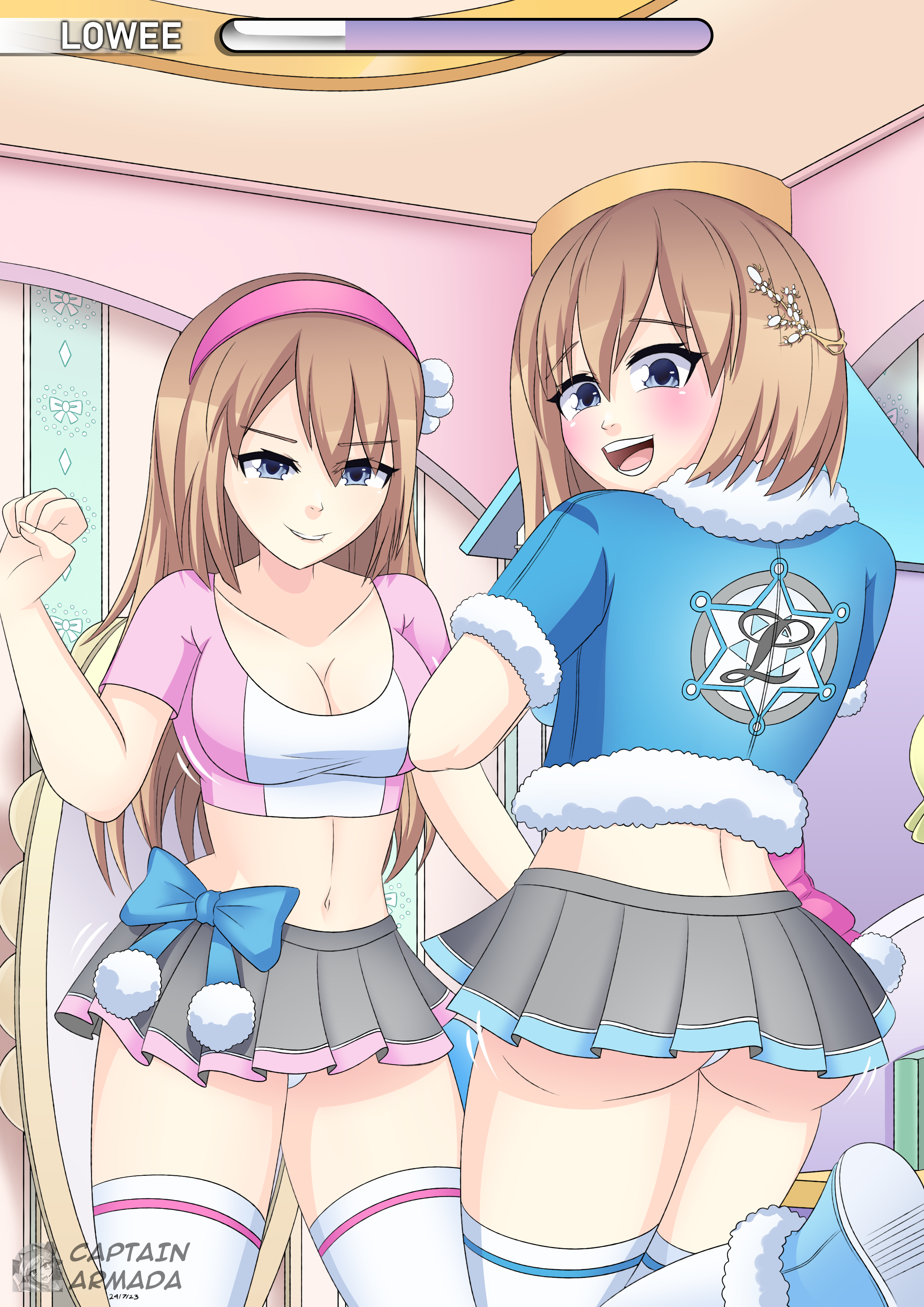 captainarmada, ram (neptunia), rom (neptunia), neptune (series), absurdres, highres, 2girls, aged up, alternate ass size, alternate body size, alternate breast size (larger), blue boots, blue bow, boots, bow, breasts, cleavage, cropped jacket, cropped shirt, fur-trimmed jacket, fur trim, gameplay mechanics, hair ornament, hairband, jacket, jewelry, long hair, midriff, miniskirt, multiple girls, open mouth, panties, pink bow, pink hairband, short hair, siblings, sisters, skirt, smile, thighhighs, twins, underwear, white panties, white thighhighs