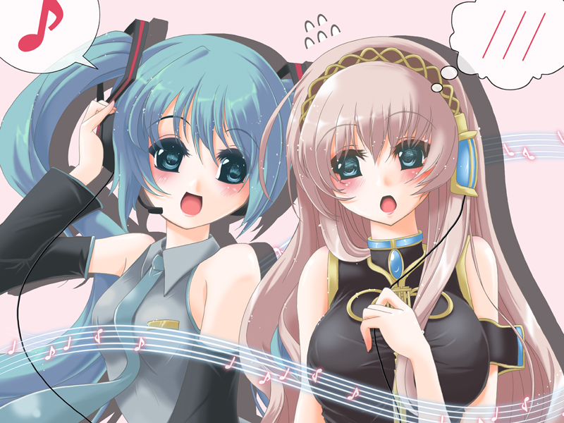 frapowa, hatsune miku, megurine luka, vocaloid, 00s, 2girls, aqua eyes, aqua hair, bare shoulders, blush, breasts, headphones, large breasts, long hair, looking at another, matching hair/eyes, multiple girls, music, musical note, open mouth, pink hair, singing, small breasts, smile, sparkle, twintails, upper body