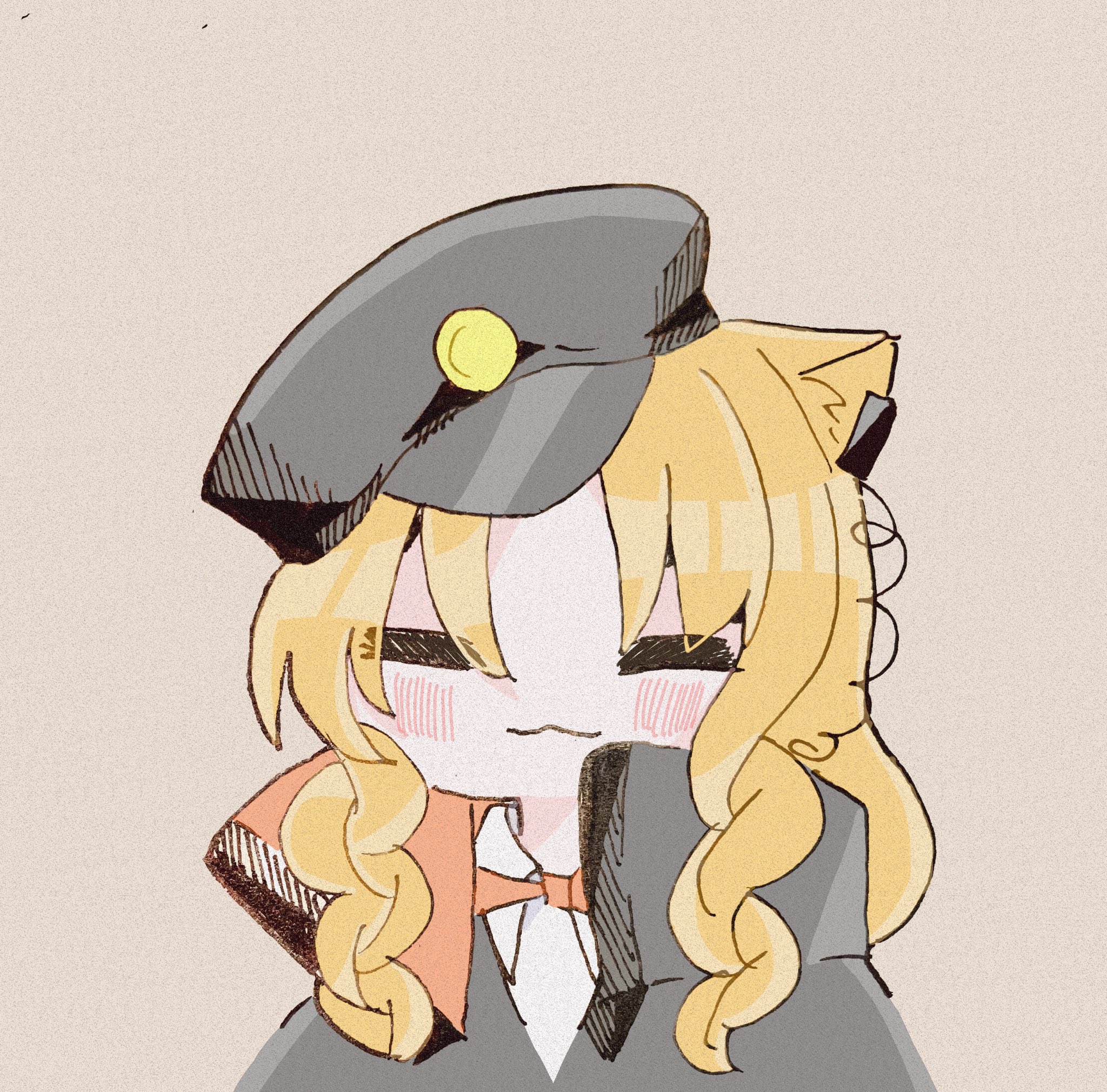 jiaojiao, swire (arknights), arknights, commentary request, highres, 1girl, animal ear fluff, animal ears, black hat, black jacket, blonde hair, blush, brown background, cat ears, closed eyes, collared shirt, earpiece, facing viewer, hat, jacket, long hair, peaked cap, shirt, simple background, smile, solo, upper body, white shirt