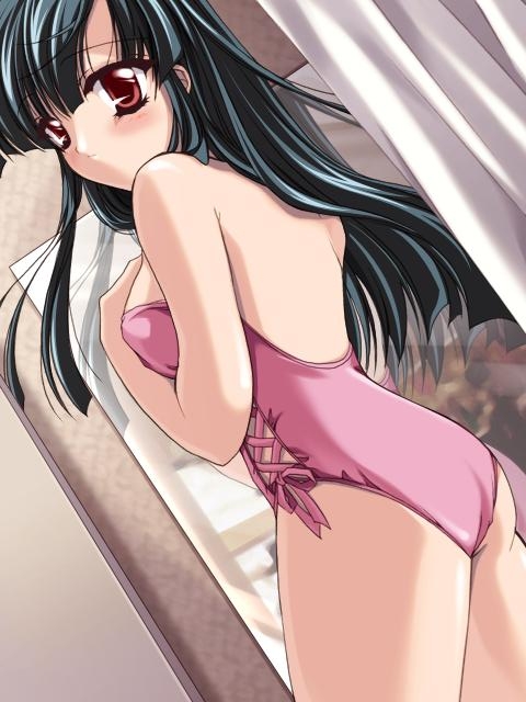 non-web source, black hair, dressing room, from behind, green eyes, leotard, long hair, looking back, mirror, one-piece swimsuit, red eyes, reflection, solo, swimsuit