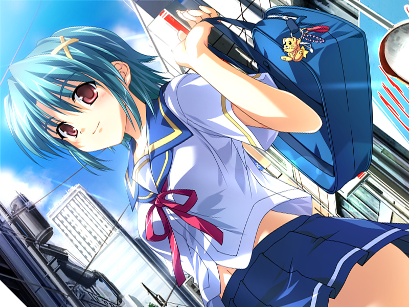 tsukasa yuuki, inui miri, natsumegu, game cg, non-web source, 1girl, bag, blue hair, brown eyes, dutch angle, female focus, school uniform, serafuku, short hair, solo