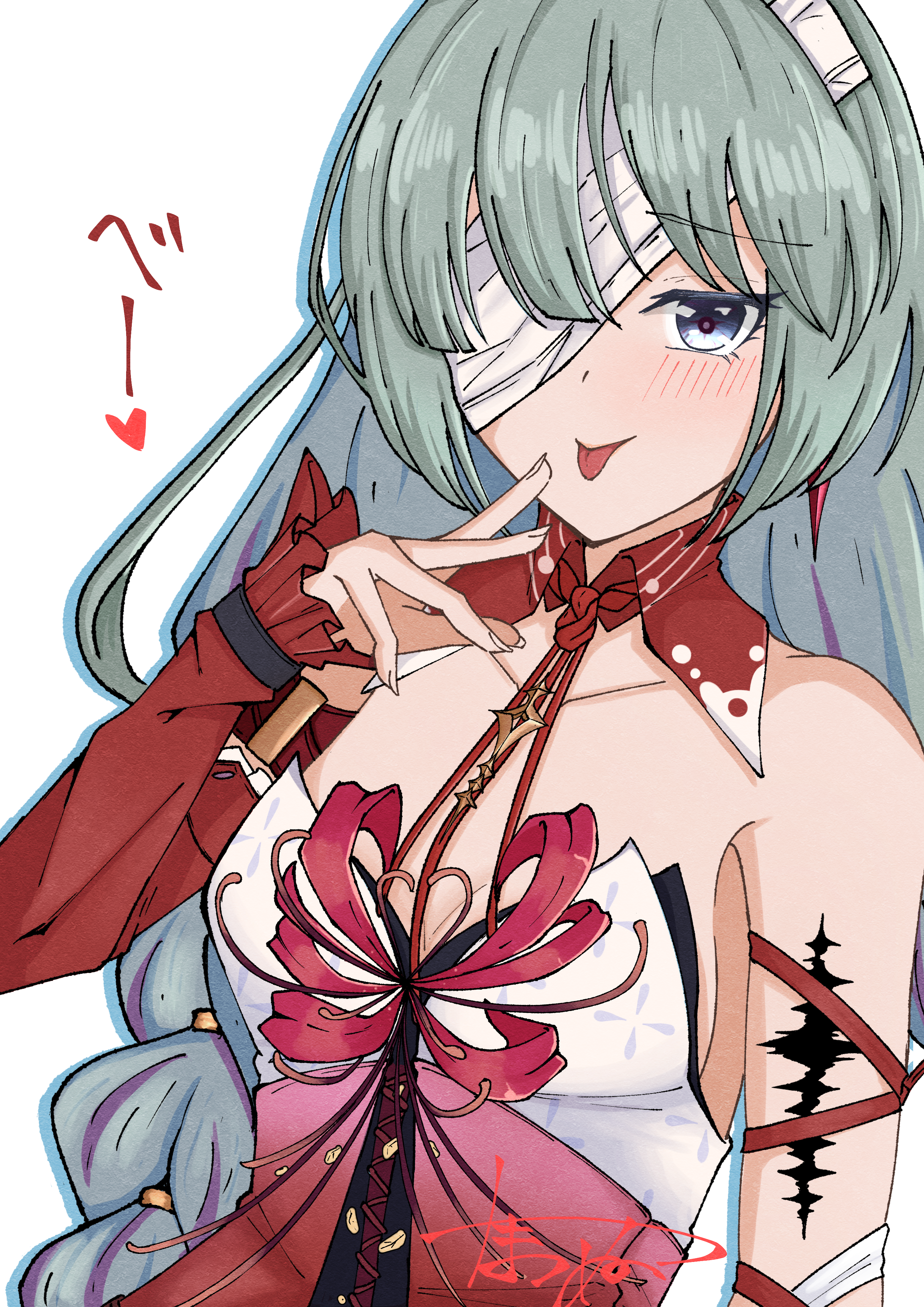 tama es45 nyan, phrolova (wuthering waves), wuthering waves, absurdres, commentary request, highres, partial commentary, 1girl, :p, bandage over one eye, bare shoulders, breasts, detached sleeves, earrings, grey eyes, grey hair, heart, jewelry, light blush, long hair, looking at viewer, medium breasts, simple background, single detached sleeve, solo, tacet mark (wuthering waves), tongue, tongue out, upper body, white background