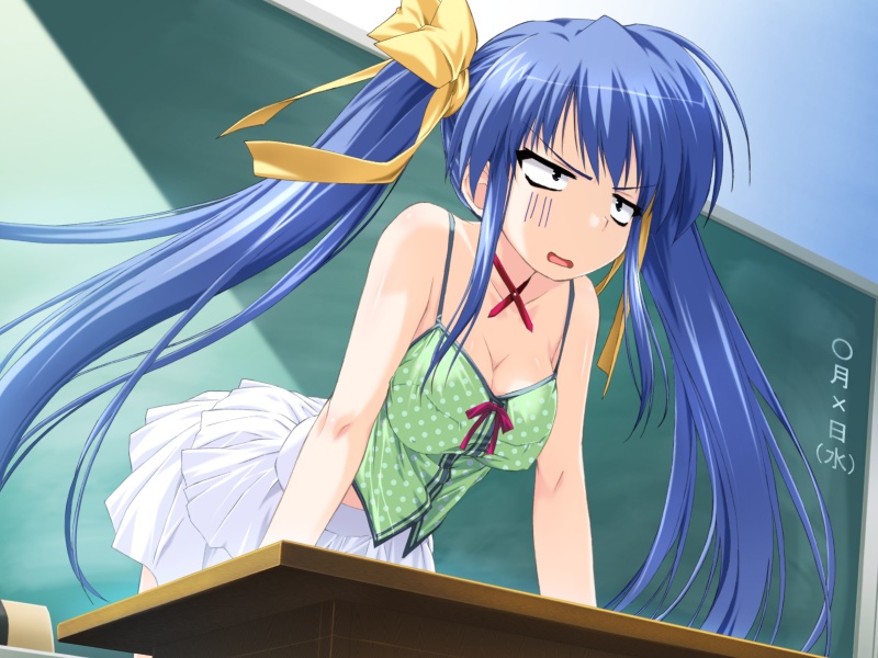 shintarou, kujou amane, kamipani!, game cg, non-web source, 1girl, angry, blue hair, breasts, chalkboard, cleavage, female focus, hair ribbon, long hair, polka dot, ribbon, skirt, solo, twintails, very long hair