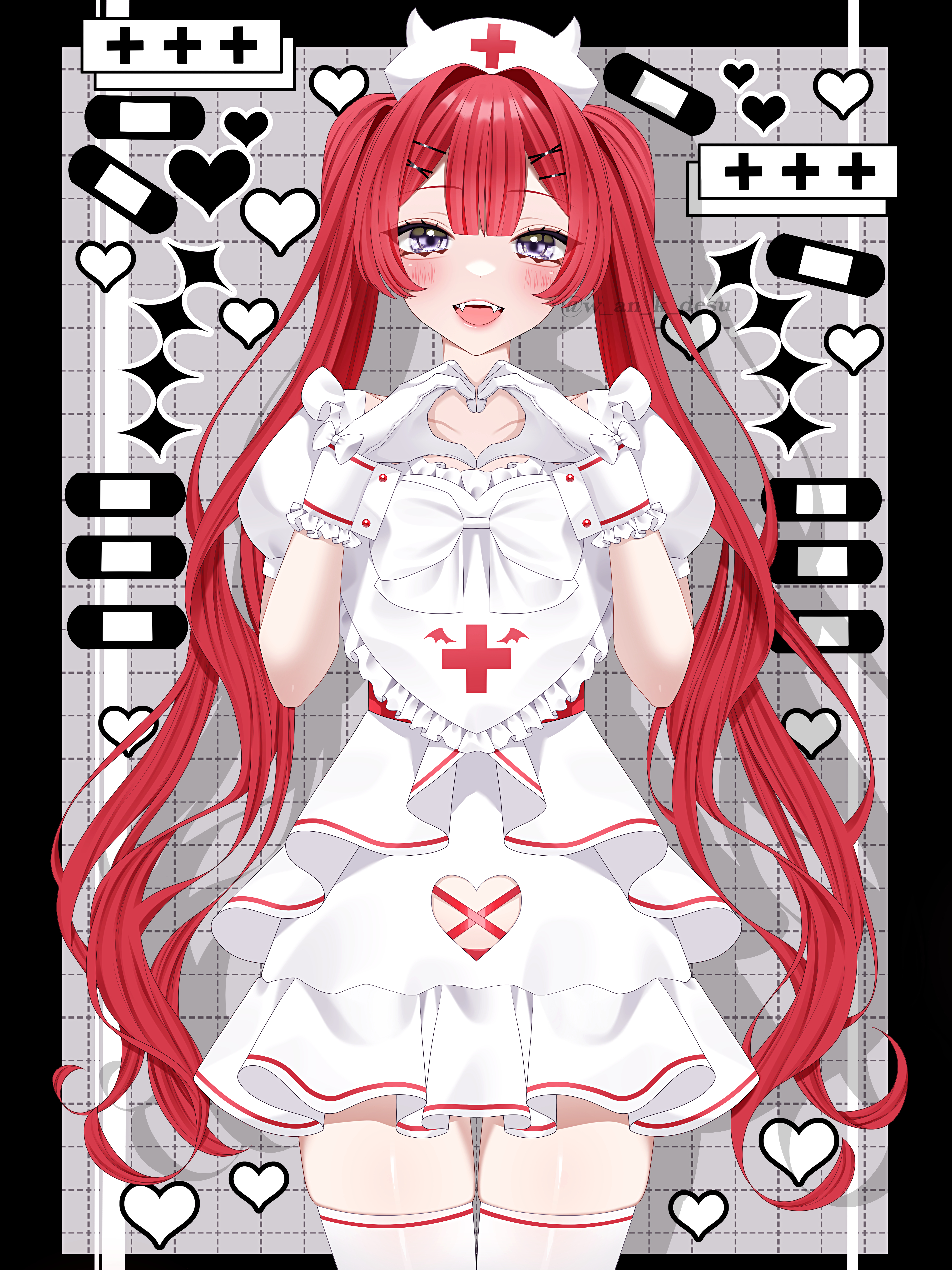wanko (yurika0320), original, absurdres, commentary, highres, symbol-only commentary, 1girl, bandaid, black border, blush, border, bow, clothing cutout, collarbone, cowboy shot, cross, double-parted bangs, dress, fangs, frilled cuffs, frilled skirt, frilled sleeves, frills, gloves, grey eyes, grid background, hair intakes, hair ornament, hairclip, hat, heart, heart cutout, heart hands, long hair, nurse, nurse cap, open mouth, puffy short sleeves, puffy sleeves, red cross, red hair, short sleeves, skindentation, skirt, smile, solo, standing, thighhighs, thighs, twintails, white bow, white dress, white gloves, white thighhighs