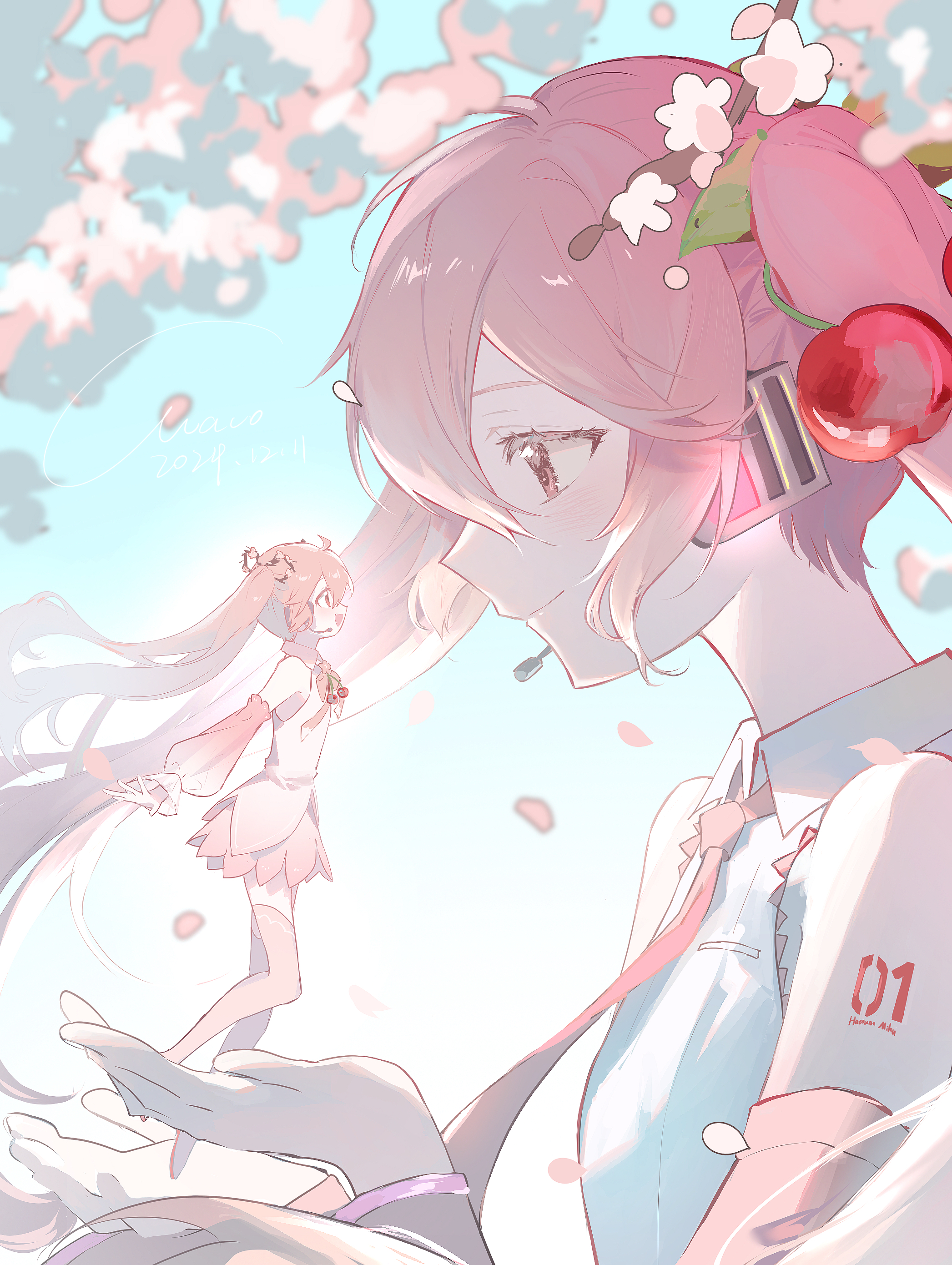 hatsune miku, sakura miku, vocaloid, absurdres, commentary request, highres, 2girls, arm tattoo, cherry blossoms, cherry hair ornament, clone, closed mouth, collared dress, collared shirt, dated, day, detached sleeves, dress, eye contact, falling petals, food-themed hair ornament, gradient clothes, gradient dress, hair between eyes, hair ornament, happy, headpiece, holding, holding mini person, kyrimo1211, long bangs, long hair, long sleeves, looking at another, mini person, multiple girls, necktie, number tattoo, open mouth, outdoors, petals, pink eyes, pink hair, pink necktie, pink thighhighs, shirt, short dress, signature, smile, tattoo, thighhighs, twintails, very long hair, white shirt, wing collar