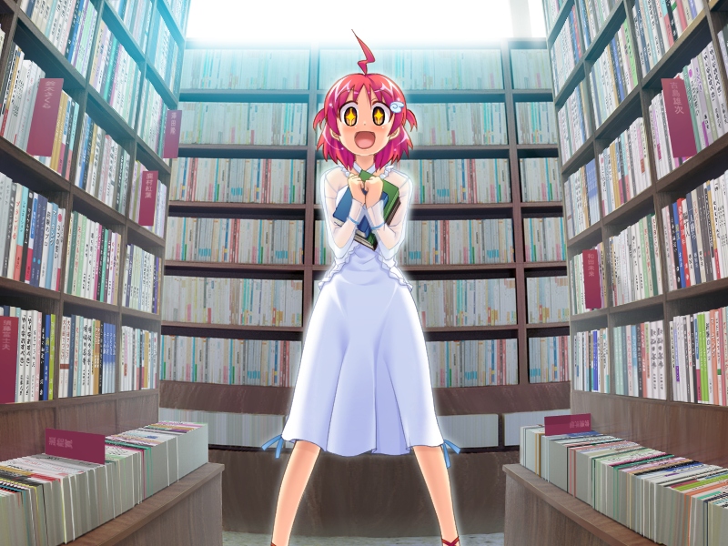 yamai (lsd), midou haori, sweet!, game cg, non-web source, + +, 1girl, ahoge, book, book focus, bookshelf, brown eyes, day, dress, excited, female focus, indoors, library, open mouth, pink hair, short hair, smile, solo, too many, too many books