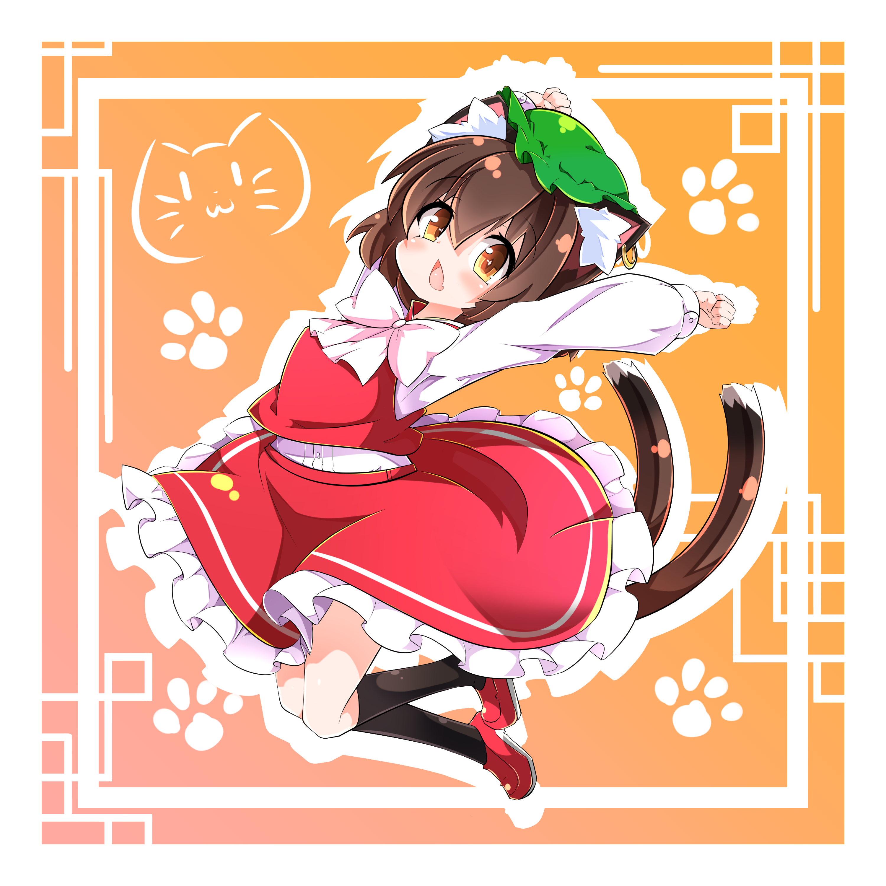 combat2000 (kuroneko), chen, touhou, absurdres, commentary request, highres, 1girl, animal ear fluff, animal ear piercing, animal ears, arms up, blush, bow, bowtie, brown eyes, brown hair, cat ears, cat tail, chestnut mouth, dot nose, earrings, frills, full body, hair between eyes, hat, jewelry, kneehighs, knees together feet apart, long sleeves, looking at viewer, mob cap, multiple tails, nekomata, open mouth, outline, paw print, paw print background, petticoat, puffy long sleeves, puffy sleeves, red skirt, red vest, short hair, simple background, single earring, skirt, skirt set, socks, solo, tail, two tails, vest, white bow, white bowtie, white outline