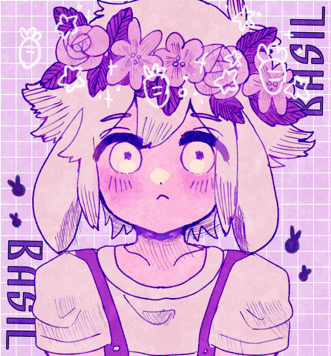 syumino e, basil (headspace) (omori), basil (omori), omori, highres, 1boy, :<, animal ears, antenna hair, blush, character name, closed mouth, collarbone, double-parted bangs, flower wreath, hair between eyes, head wreath, kemonomimi mode, looking at viewer, male focus, monochrome, overalls, rabbit boy, rabbit ears, shirt, short hair, short sleeves, sidelocks, solo, t-shirt, upper body